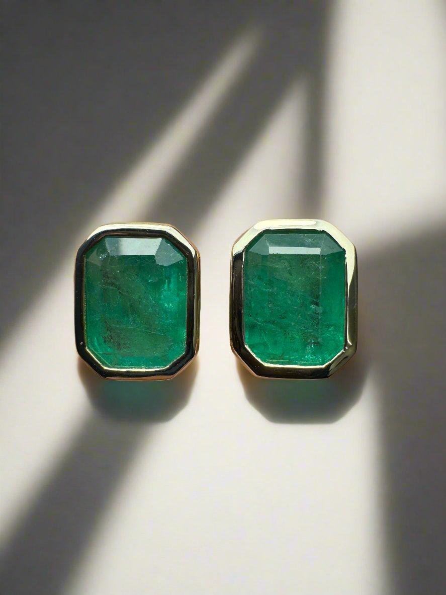 6.0tcw Earthy Natural Emerald Bezel Set Stud Earrings 18K