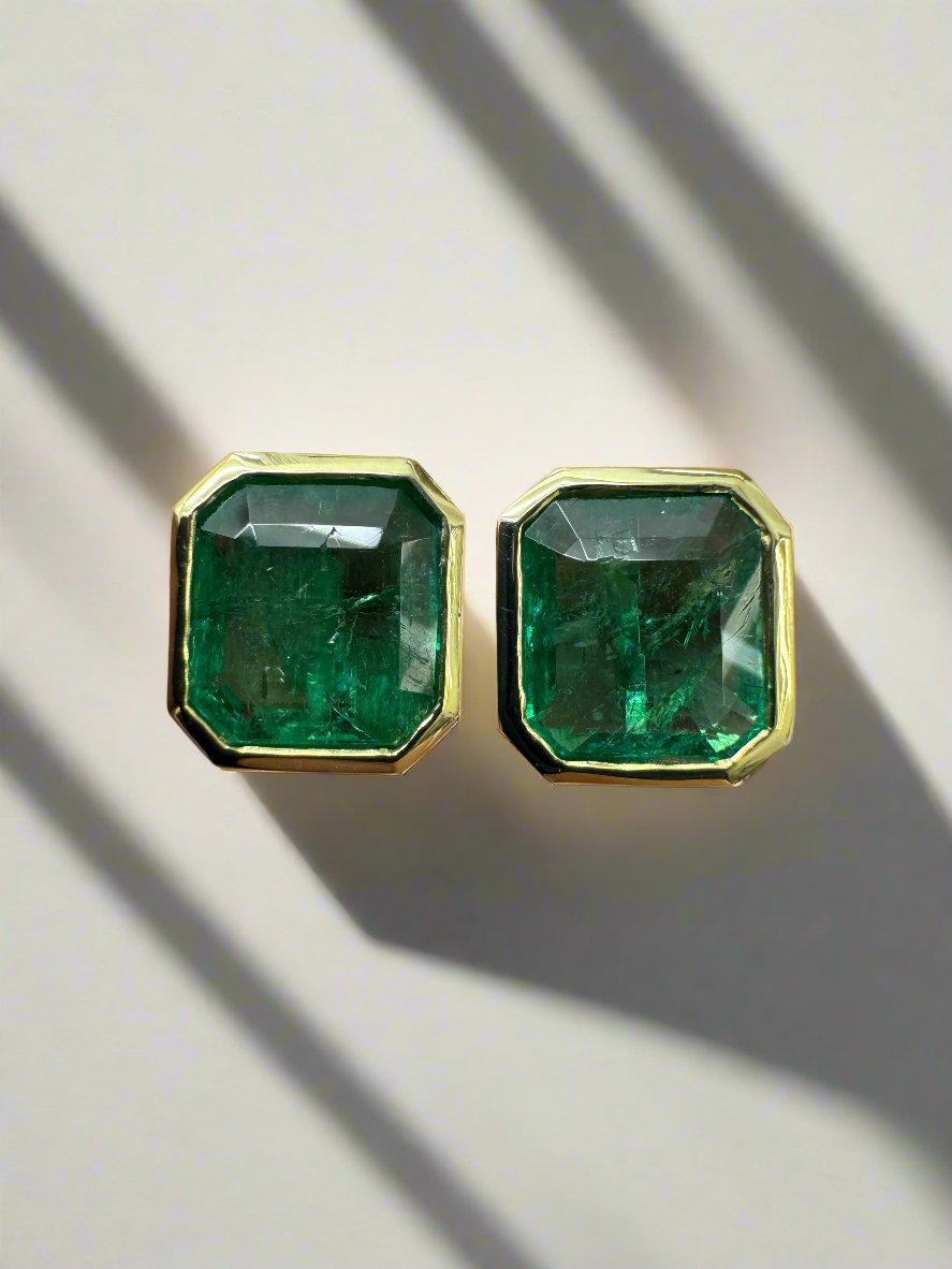 5.60tcw Classic Asscher Cut Emerald Bezel Stud Earrings 18K