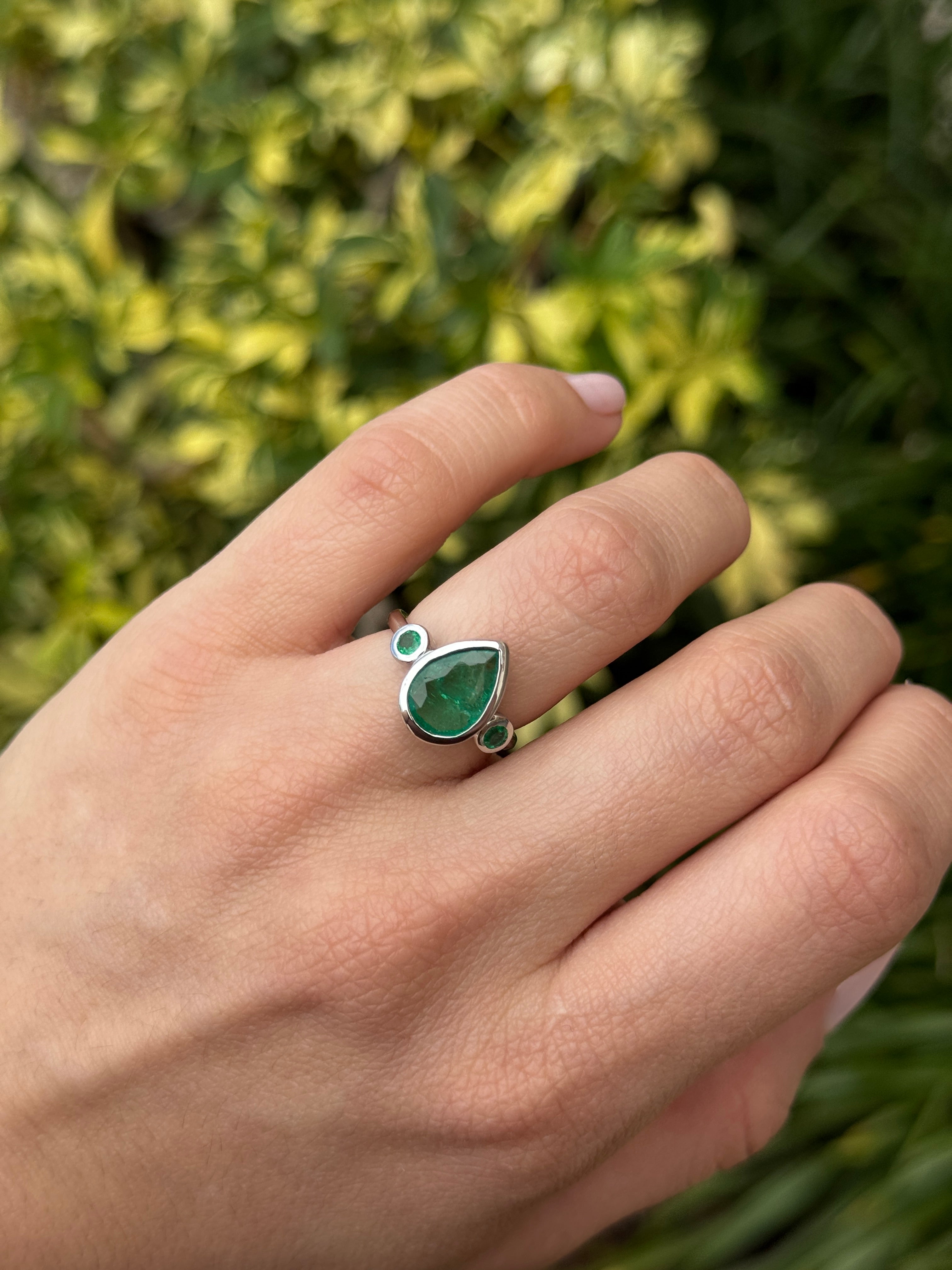 2.30tcw 14K All Emerald Three Stone Ring Pear Cut & Round White Gold Engagement Ring