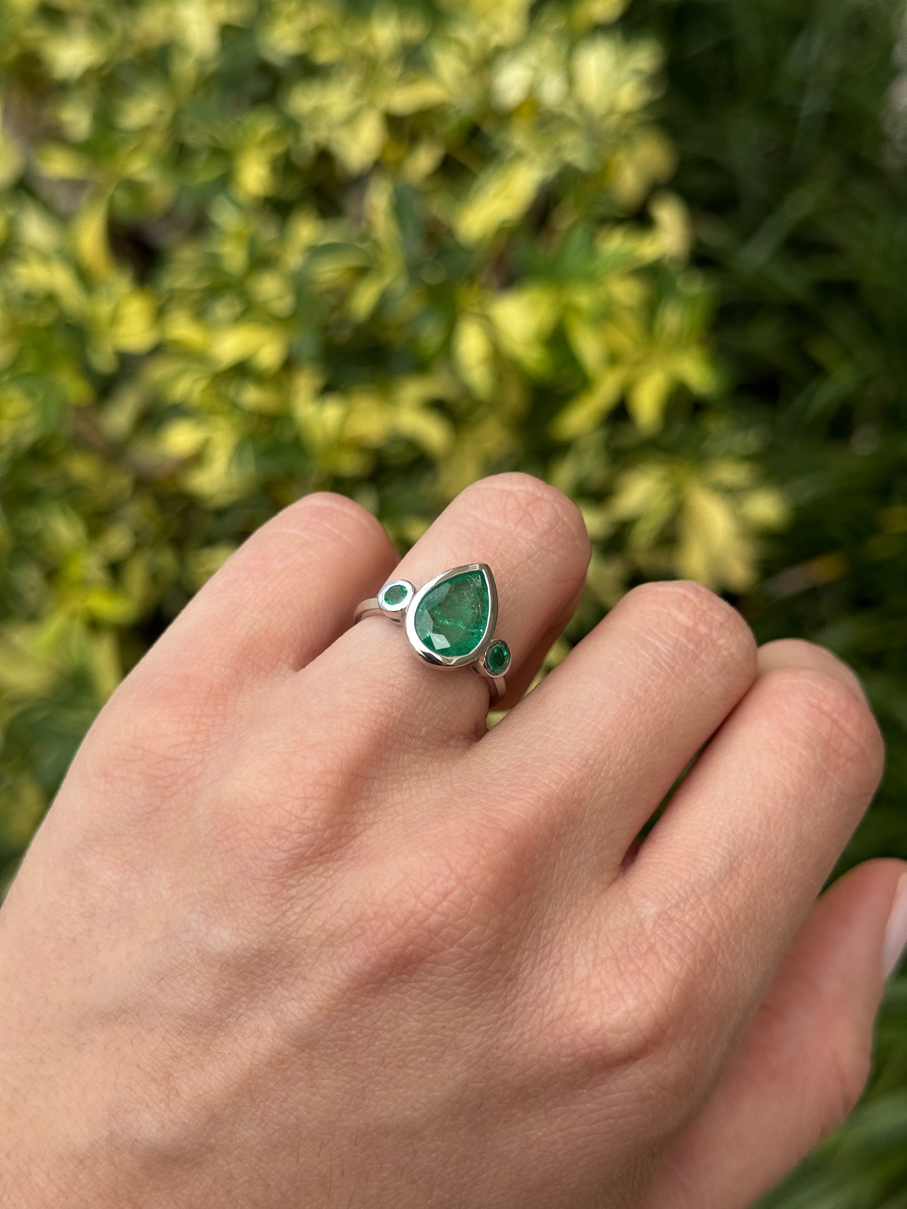 2.30tcw 14K All Emerald Three Stone Ring Pear Cut & Round White Gold Engagement Ring