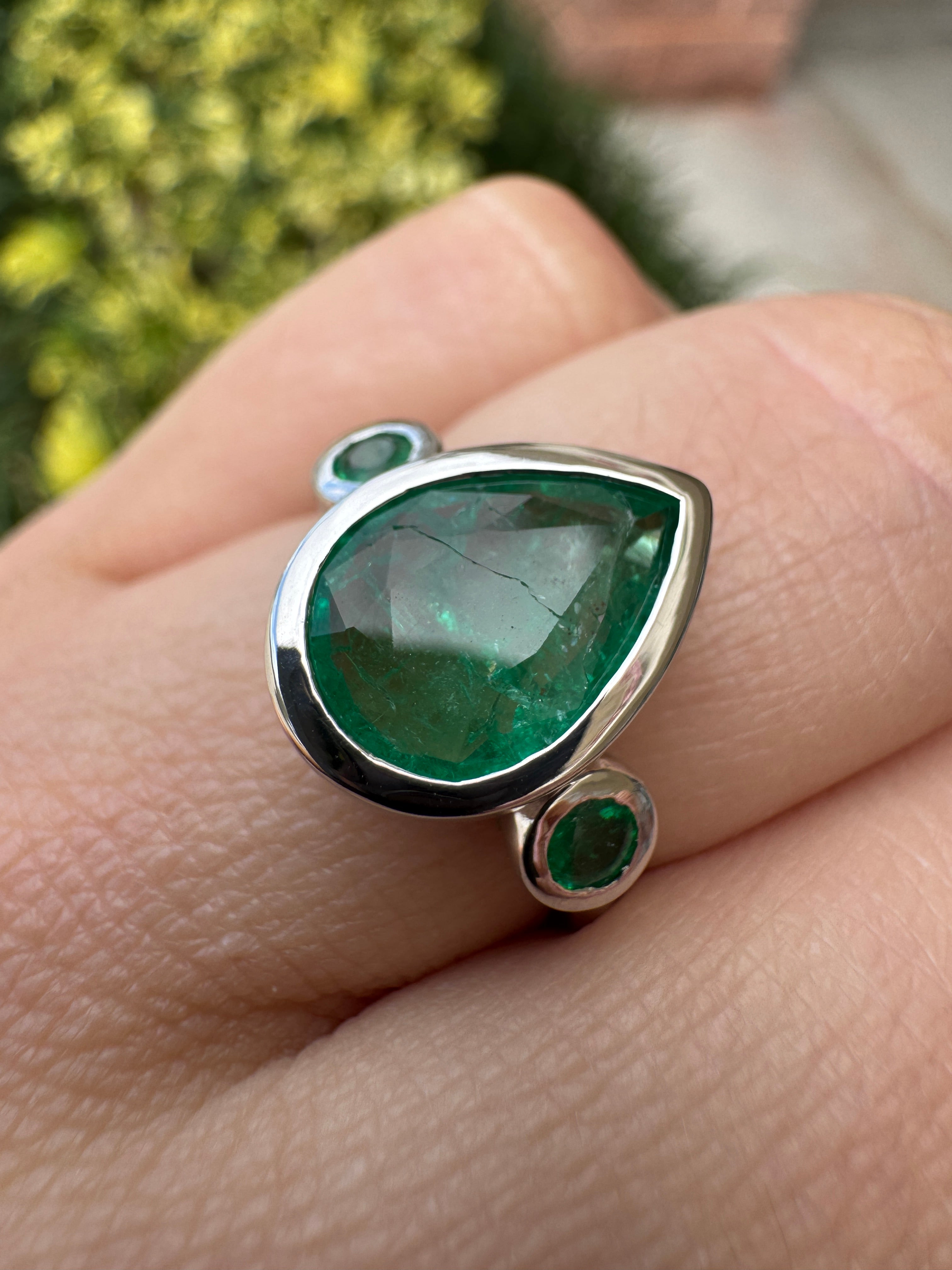 2.30tcw 14K All Emerald Three Stone Ring Pear Cut & Round White Gold Engagement Ring