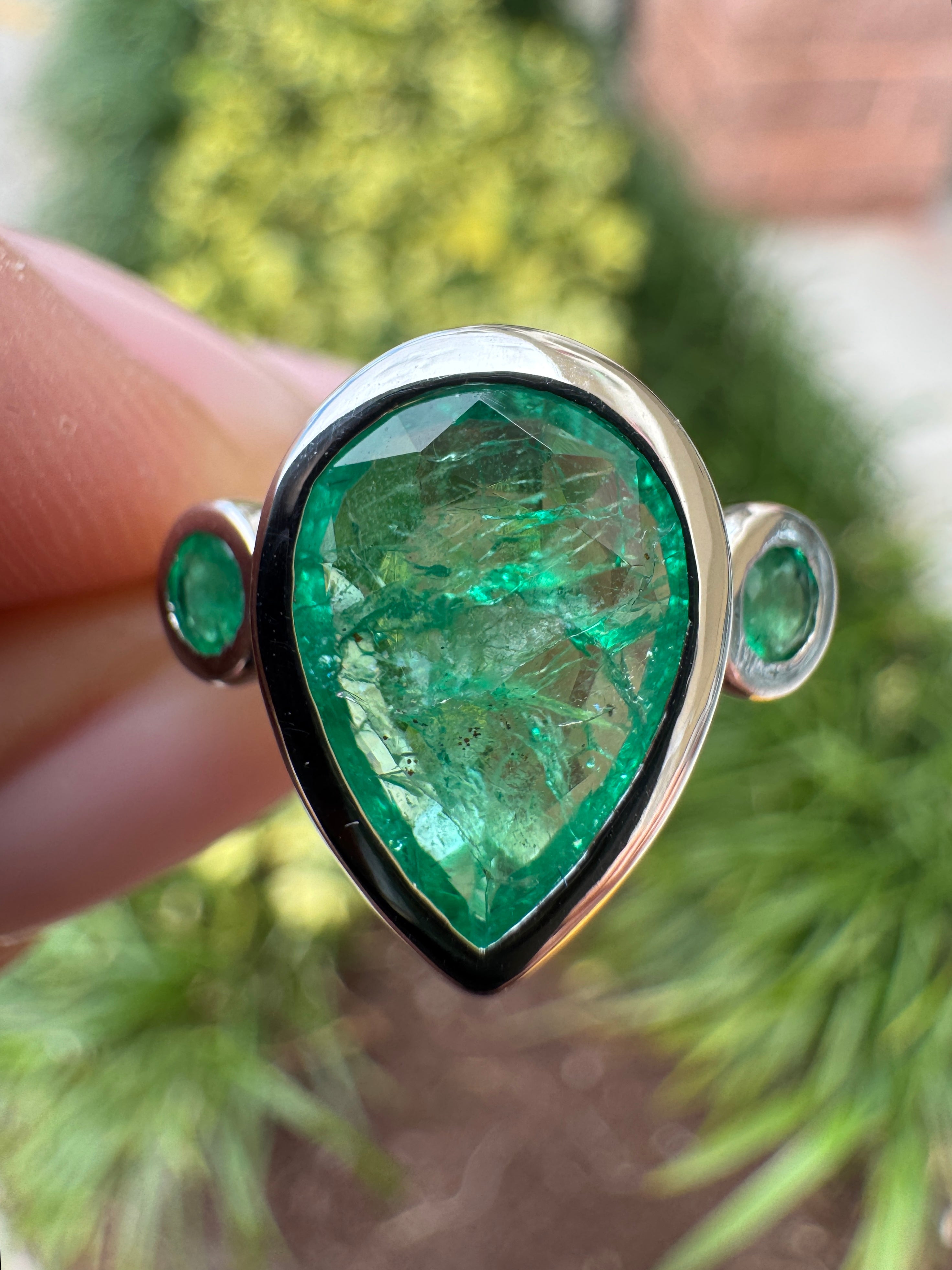 2.30tcw 14K All Emerald Three Stone Ring Pear Cut & Round White Gold Engagement Ring