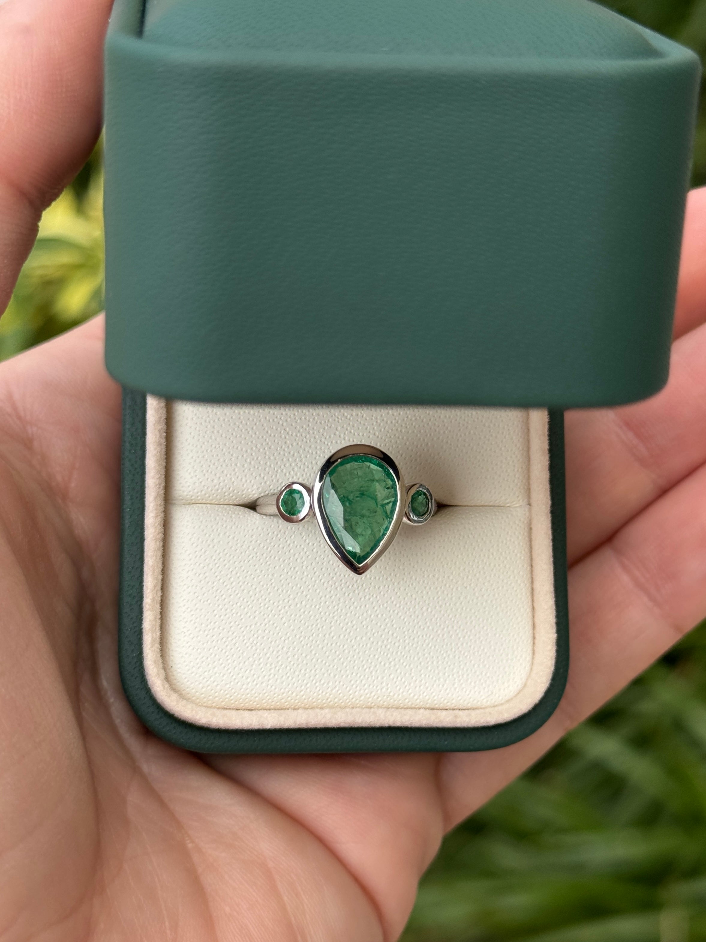 2.30tcw 14K All Emerald Three Stone Ring Pear Cut & Round White Gold Engagement Ring