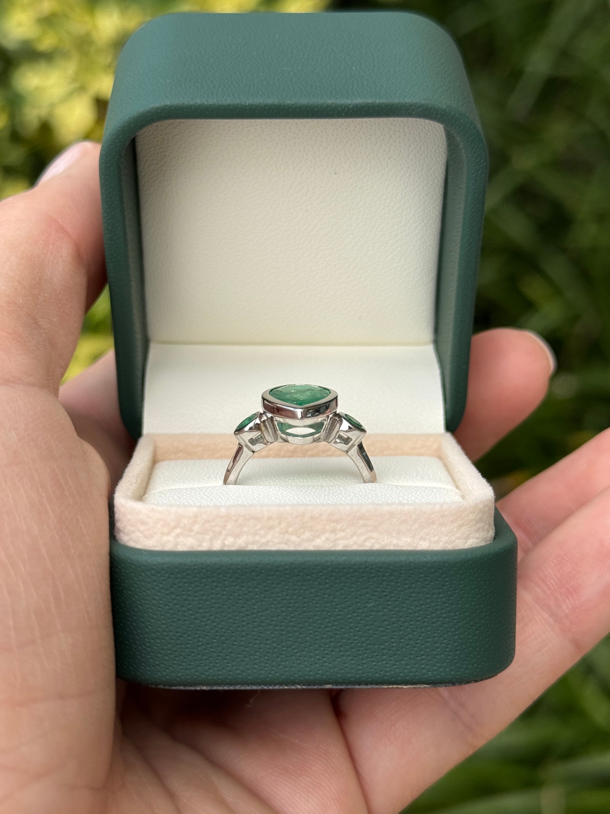 2.30tcw 14K All Emerald Three Stone Ring Pear Cut & Round White Gold Engagement Ring