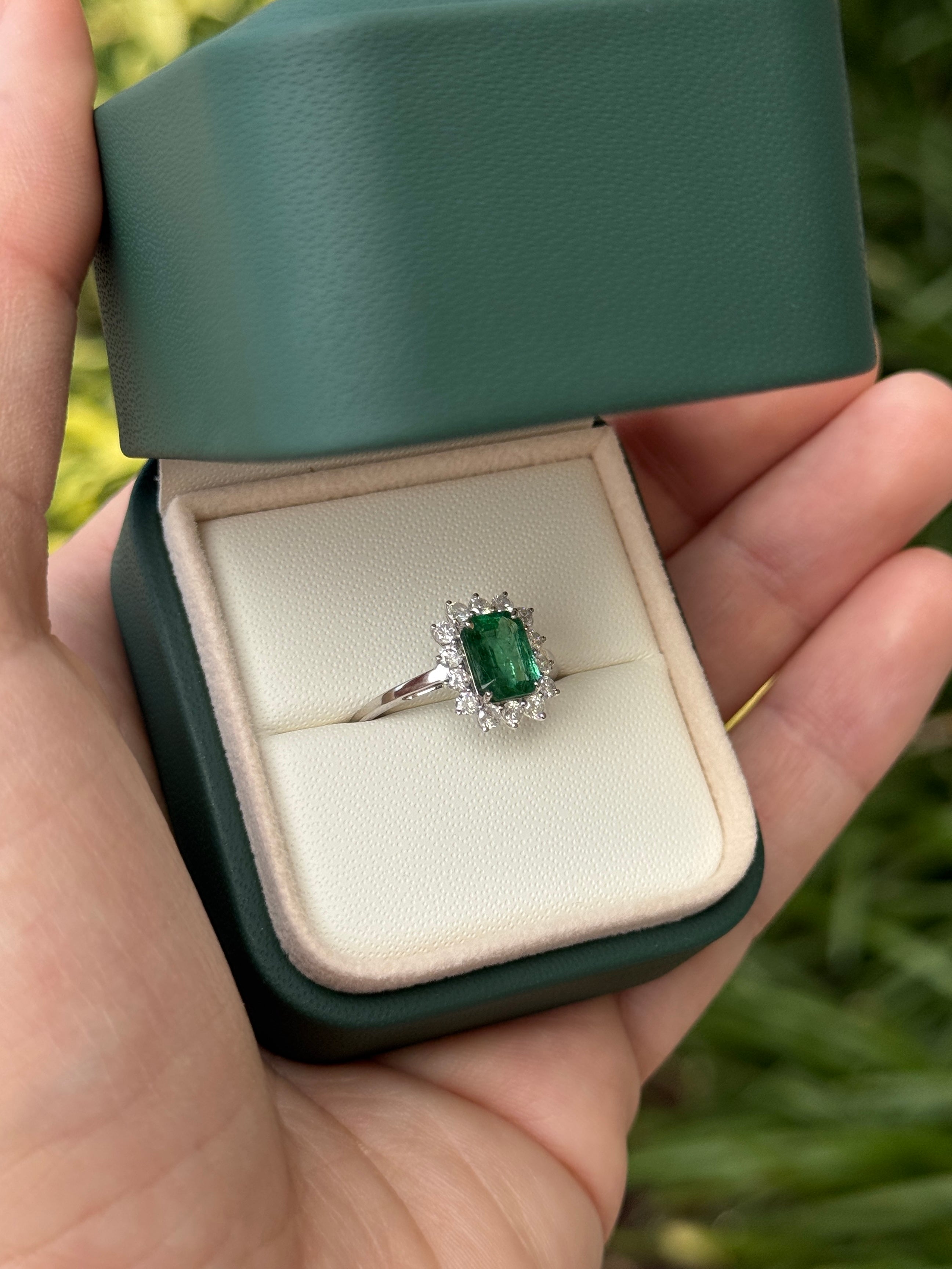 1.89tcw Princess Diana Emerald Cut Zambian Emerald & Round Diamond Halo Ring 14K White Gold