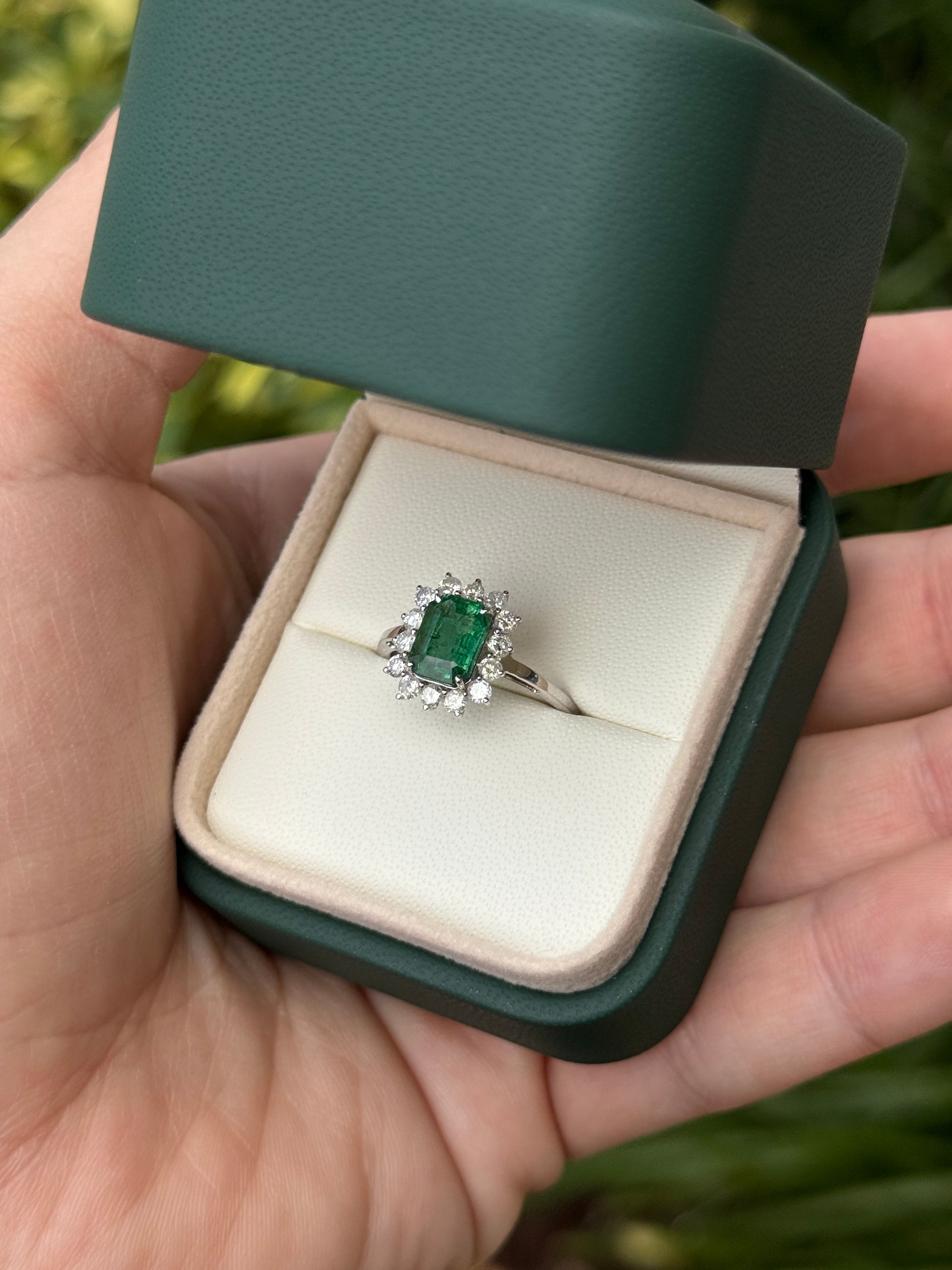 1.89tcw Princess Diana Emerald Cut Zambian Emerald & Round Diamond Halo Ring 14K White Gold