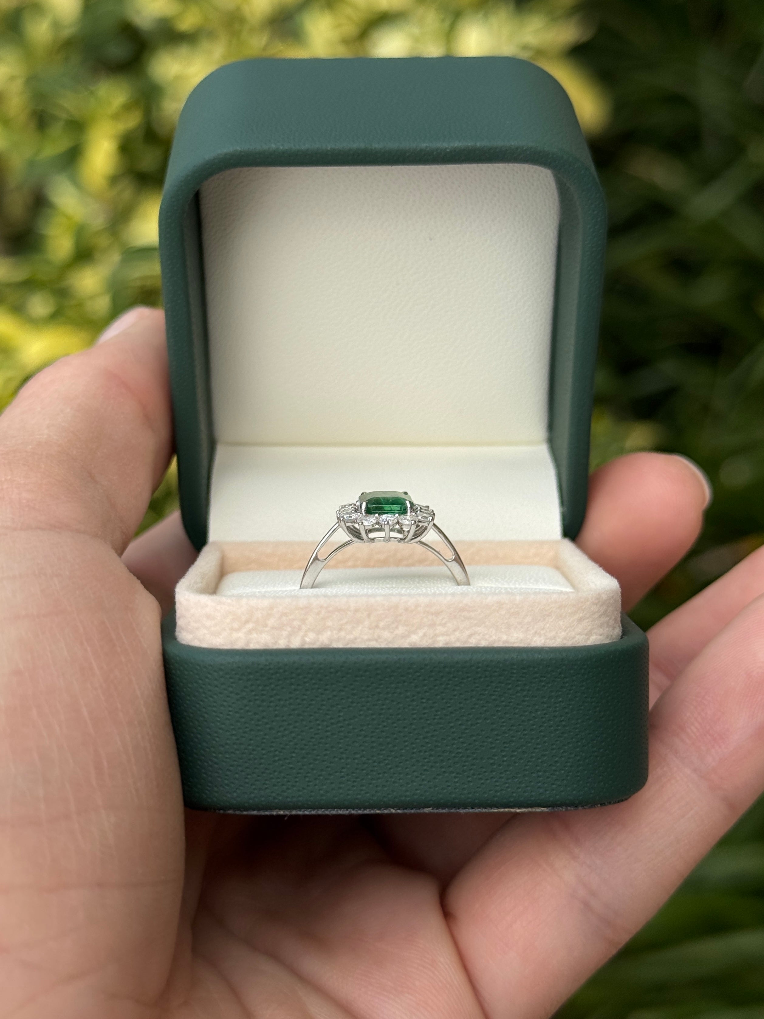 1.89tcw Princess Diana Emerald Cut Zambian Emerald & Round Diamond Halo Ring 14K White Gold