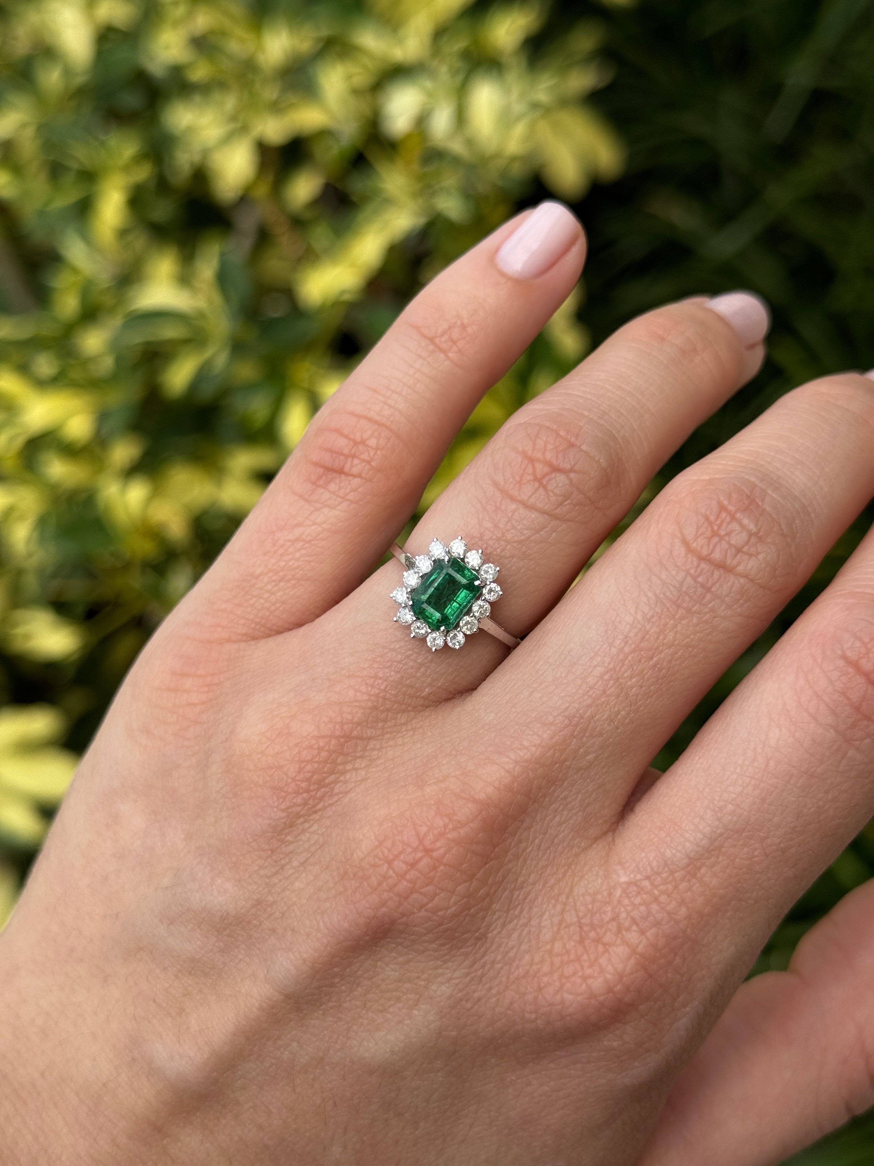 1.89tcw Princess Diana Emerald Cut Zambian Emerald & Round Diamond Halo Ring 14K White Gold