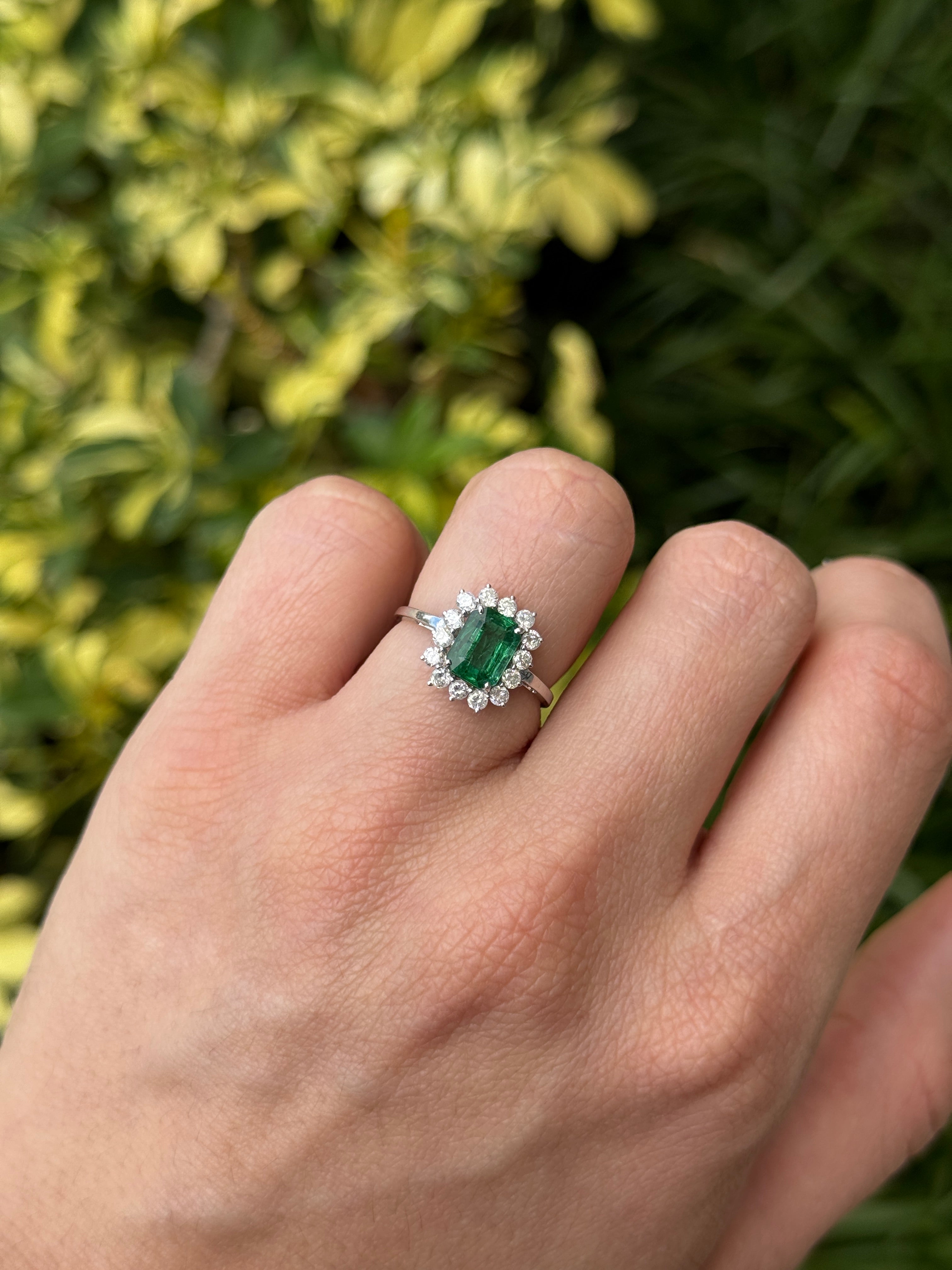 1.89tcw Princess Diana Emerald Cut Zambian Emerald & Round Diamond Halo Ring 14K White Gold