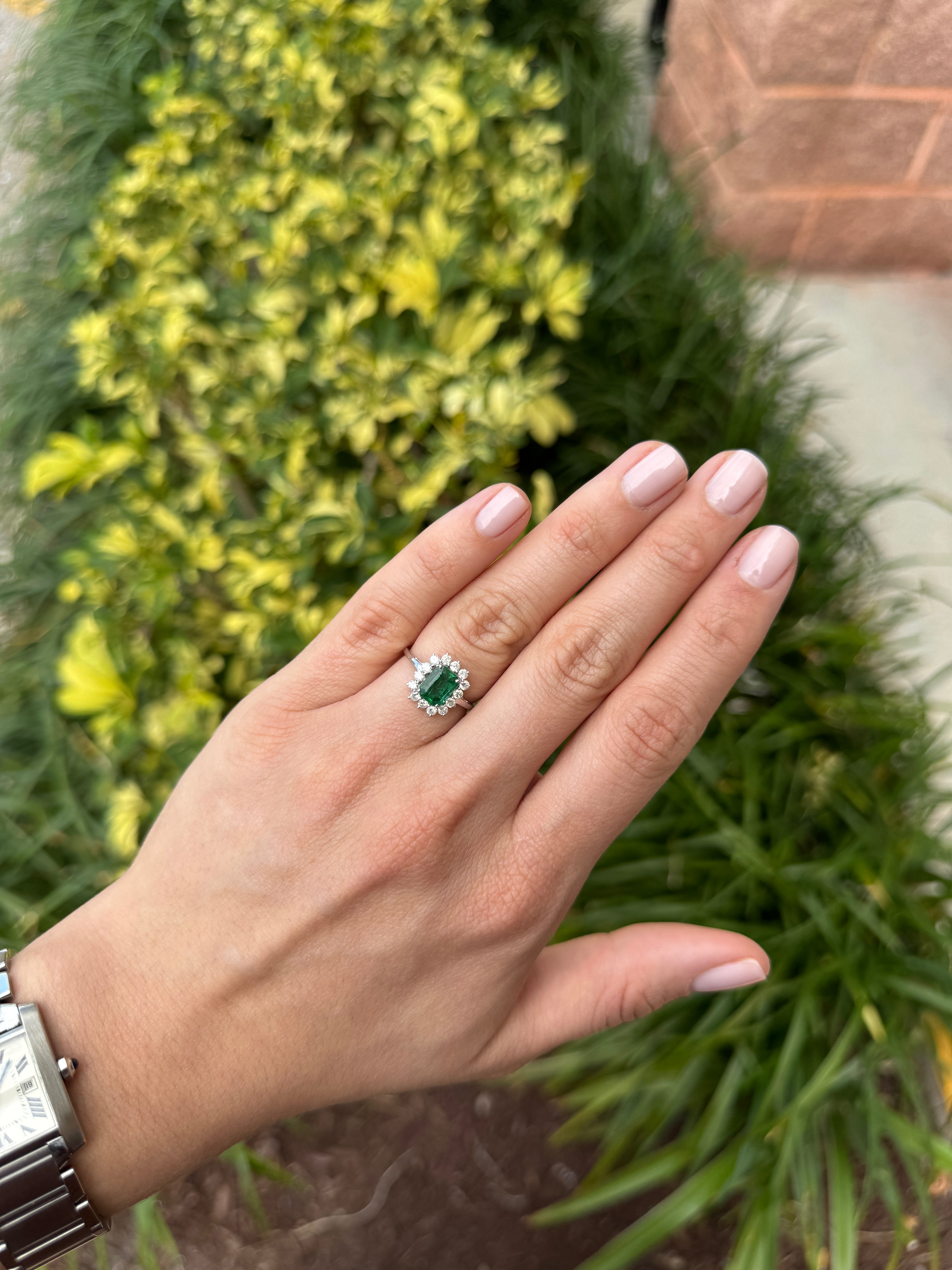 1.89tcw Princess Diana Emerald Cut Zambian Emerald & Round Diamond Halo Ring 14K White Gold