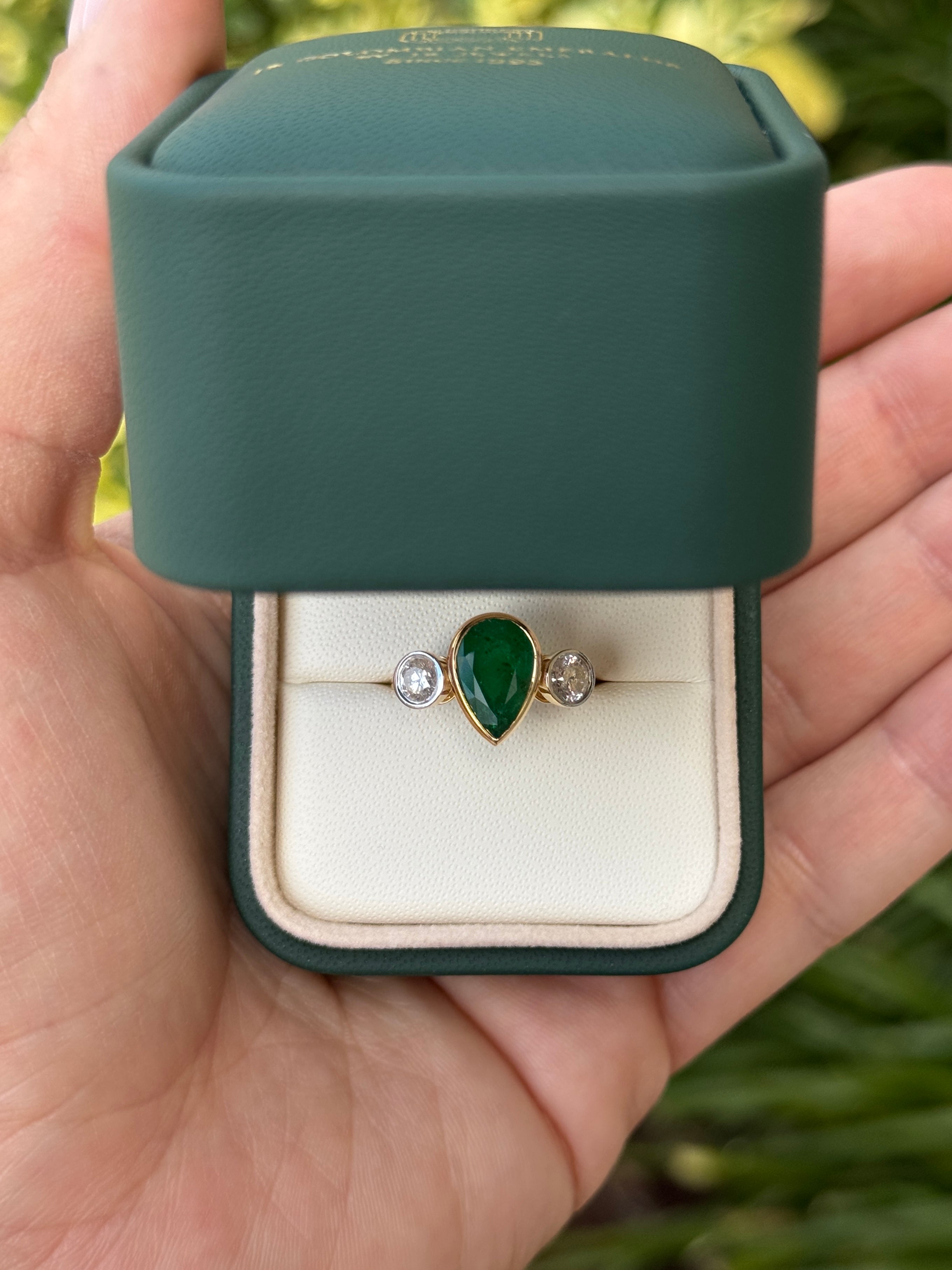 2.91tcw Pear Emerald Three Stone Bezel Ring Round Diamond Accents 18K Yellow Gold