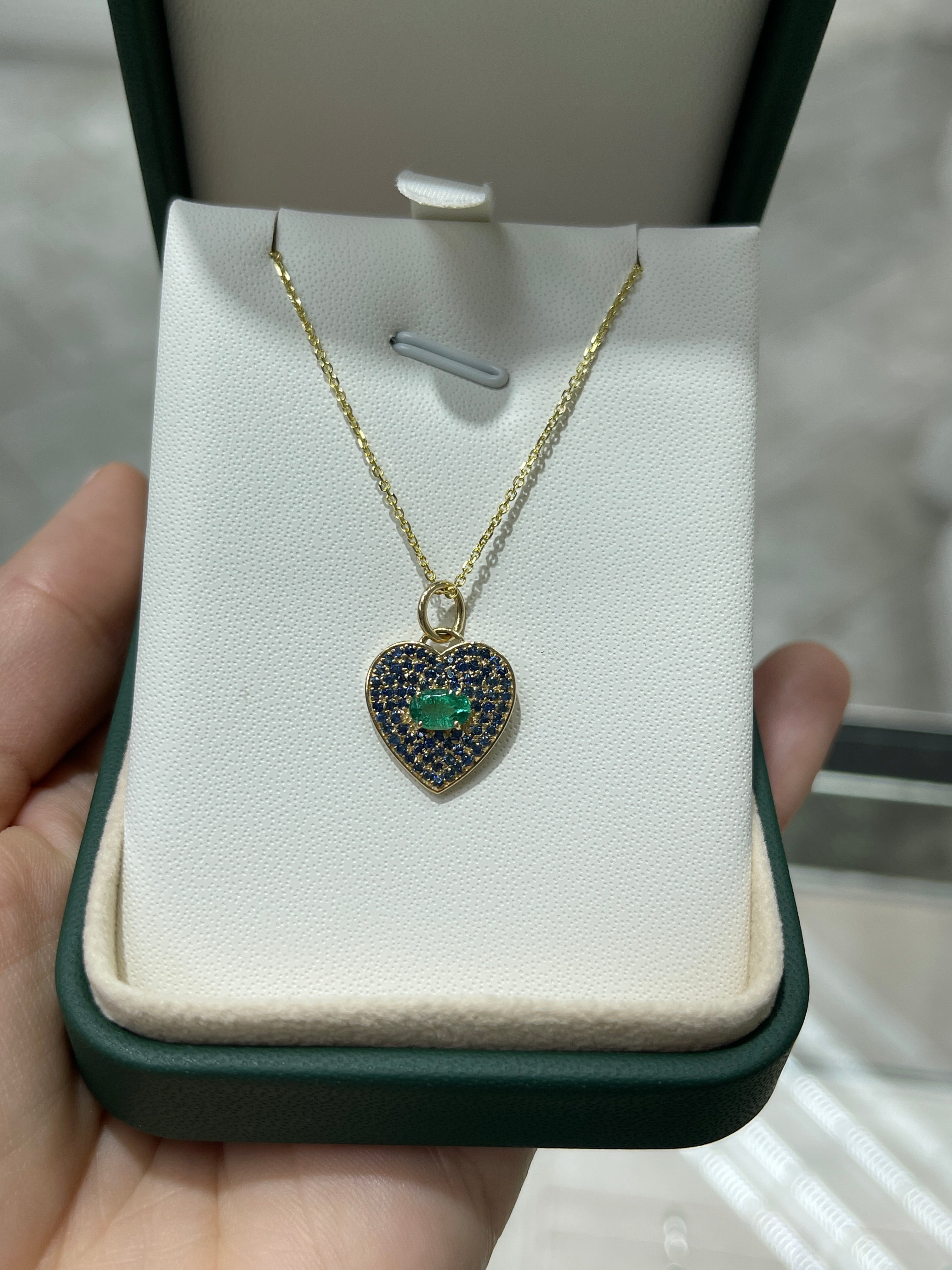 1.10tcw Emerald & Blue Sapphire Heart Charm 14K