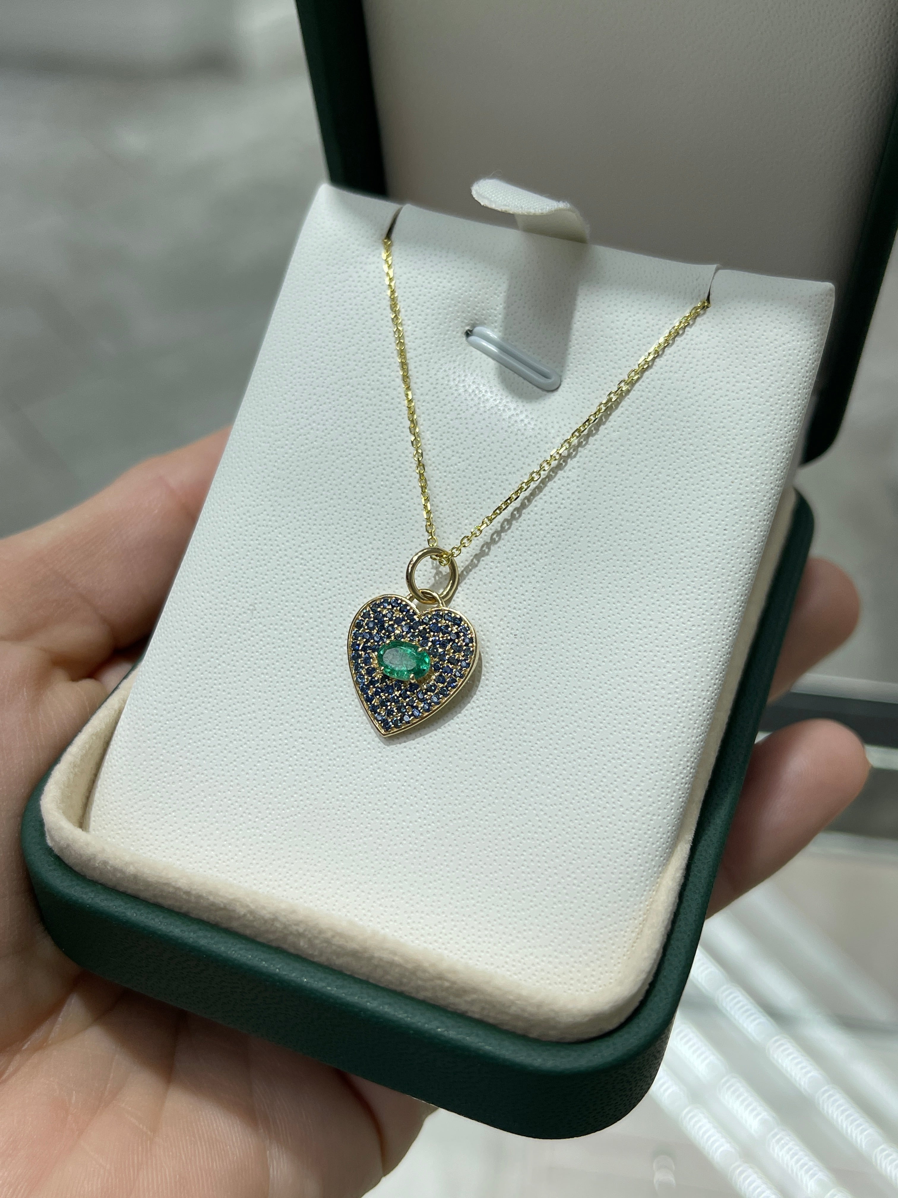 1.10tcw Emerald & Blue Sapphire Heart Charm 14K