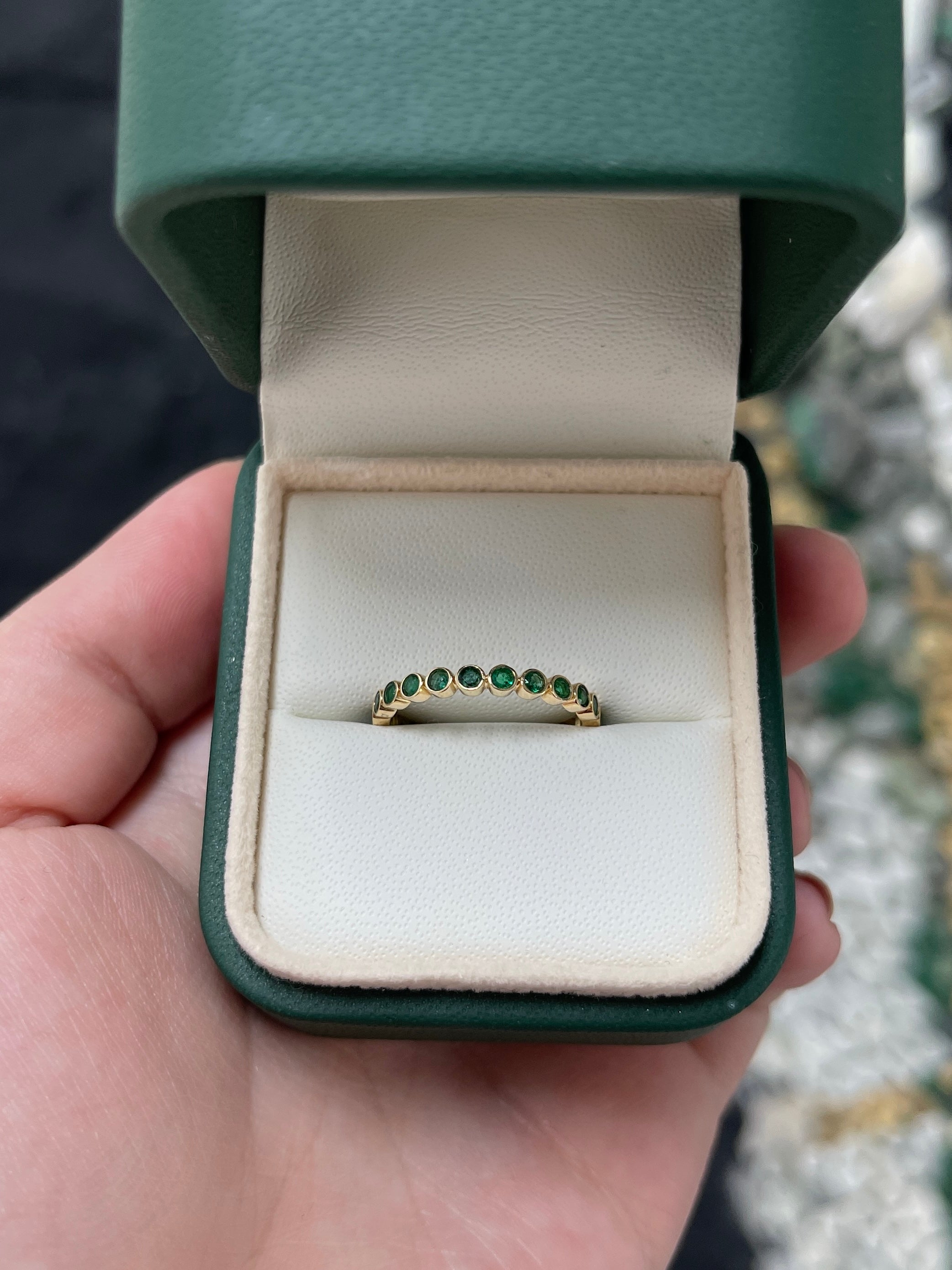 14K Gold Bezel Set Round Emerald Eternity Band Size 7