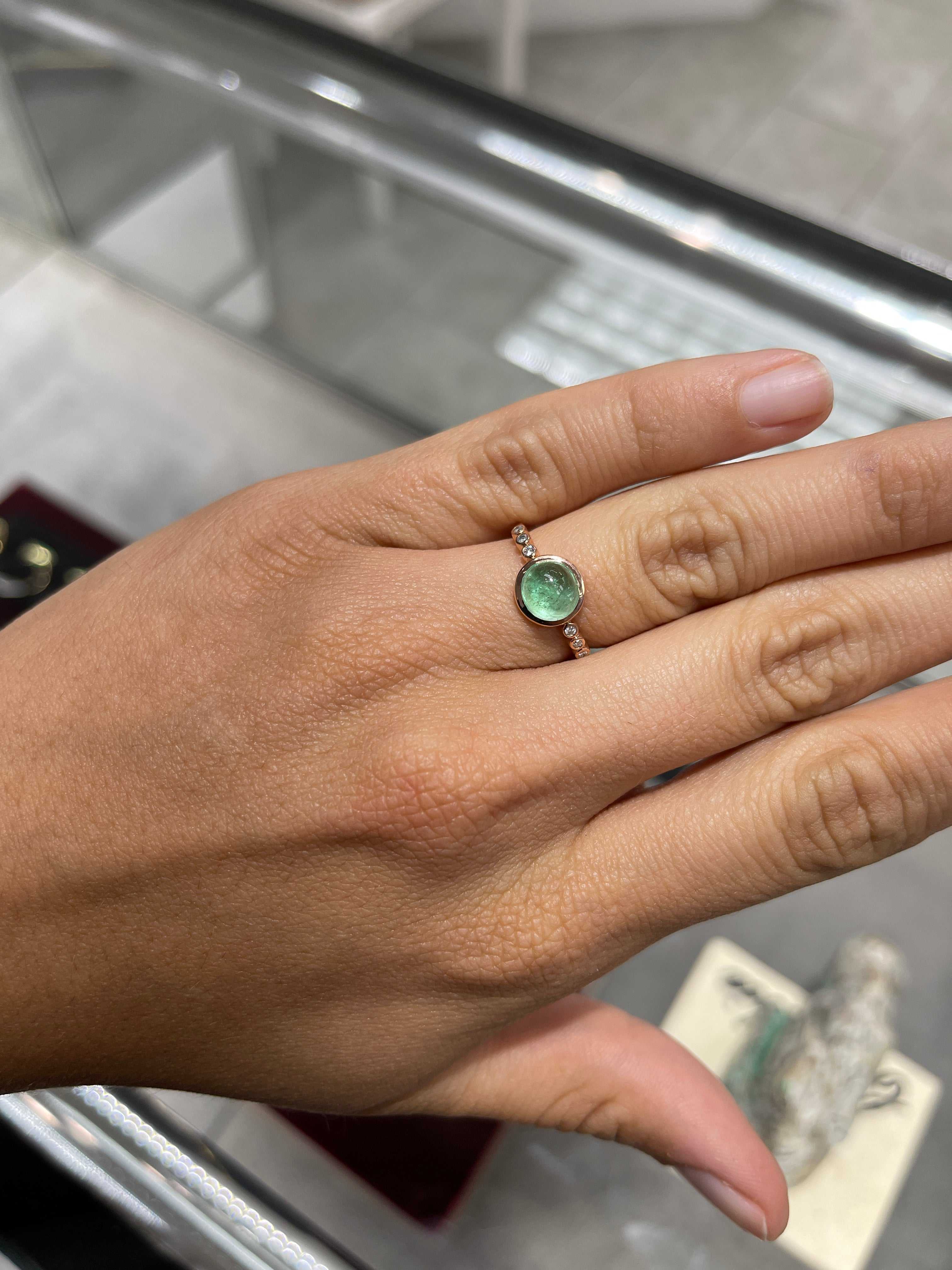 2.20tcw 14K Boho Colombian Emerald Cabochon Round & Diamond Accent Bezel Multi Gemstone Statement Rose Gold Ring