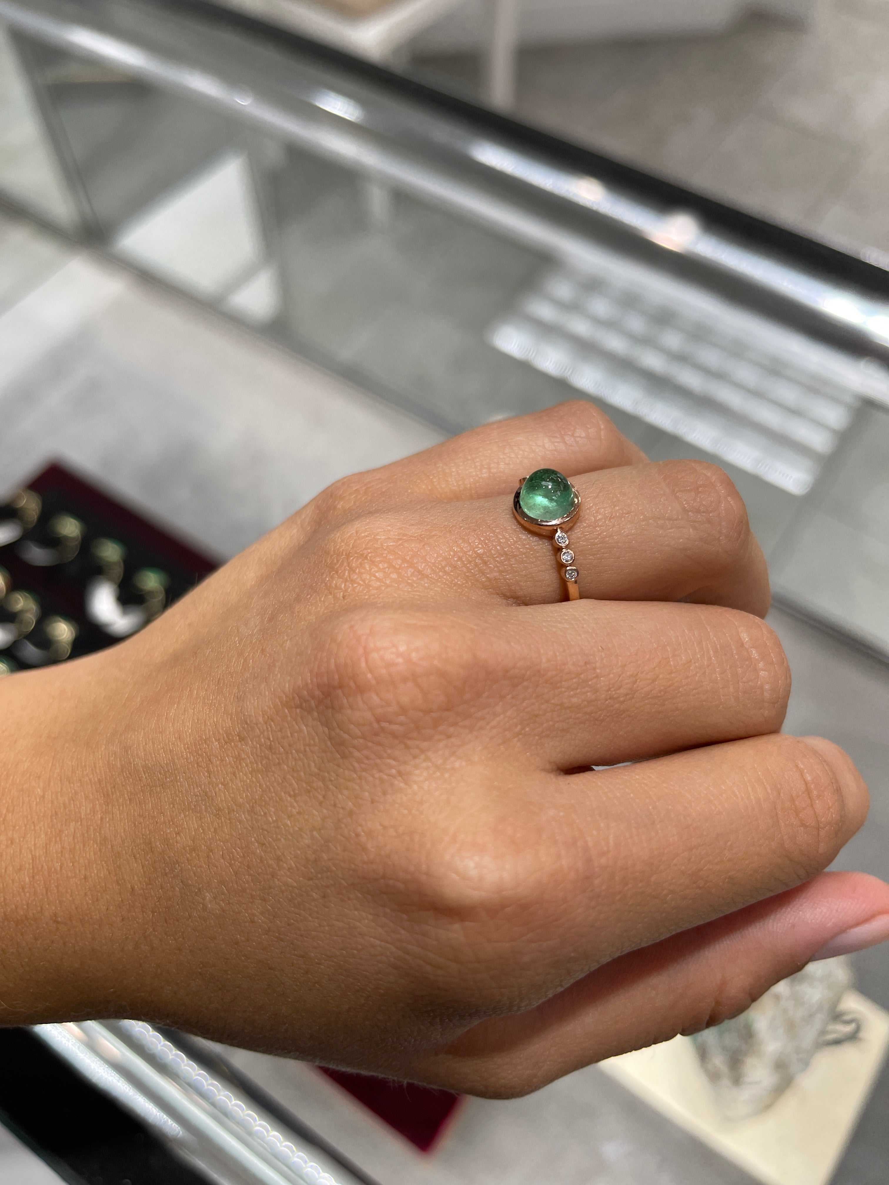 2.20tcw 14K Boho Colombian Emerald Cabochon Round & Diamond Accent Bezel Multi Gemstone Statement Rose Gold Ring