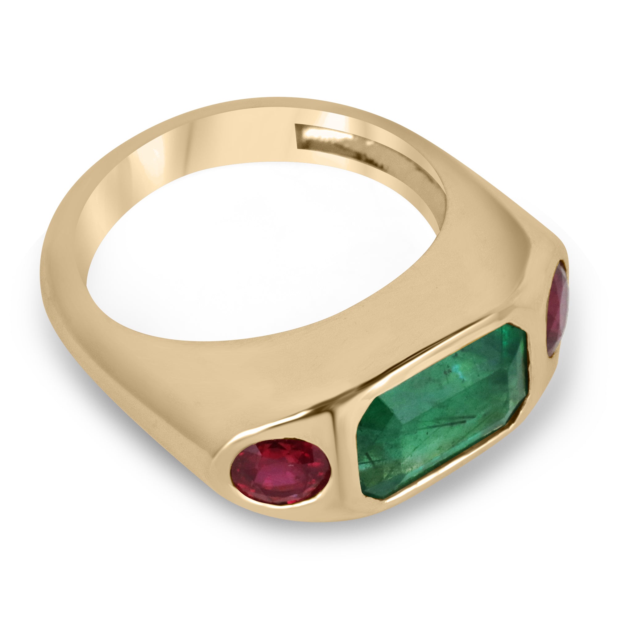 4.83tcw 18K 3 Stone Horizontal Emerald & Round Ruby Gypsy Bezel Ring - JR Colombian Emeralds