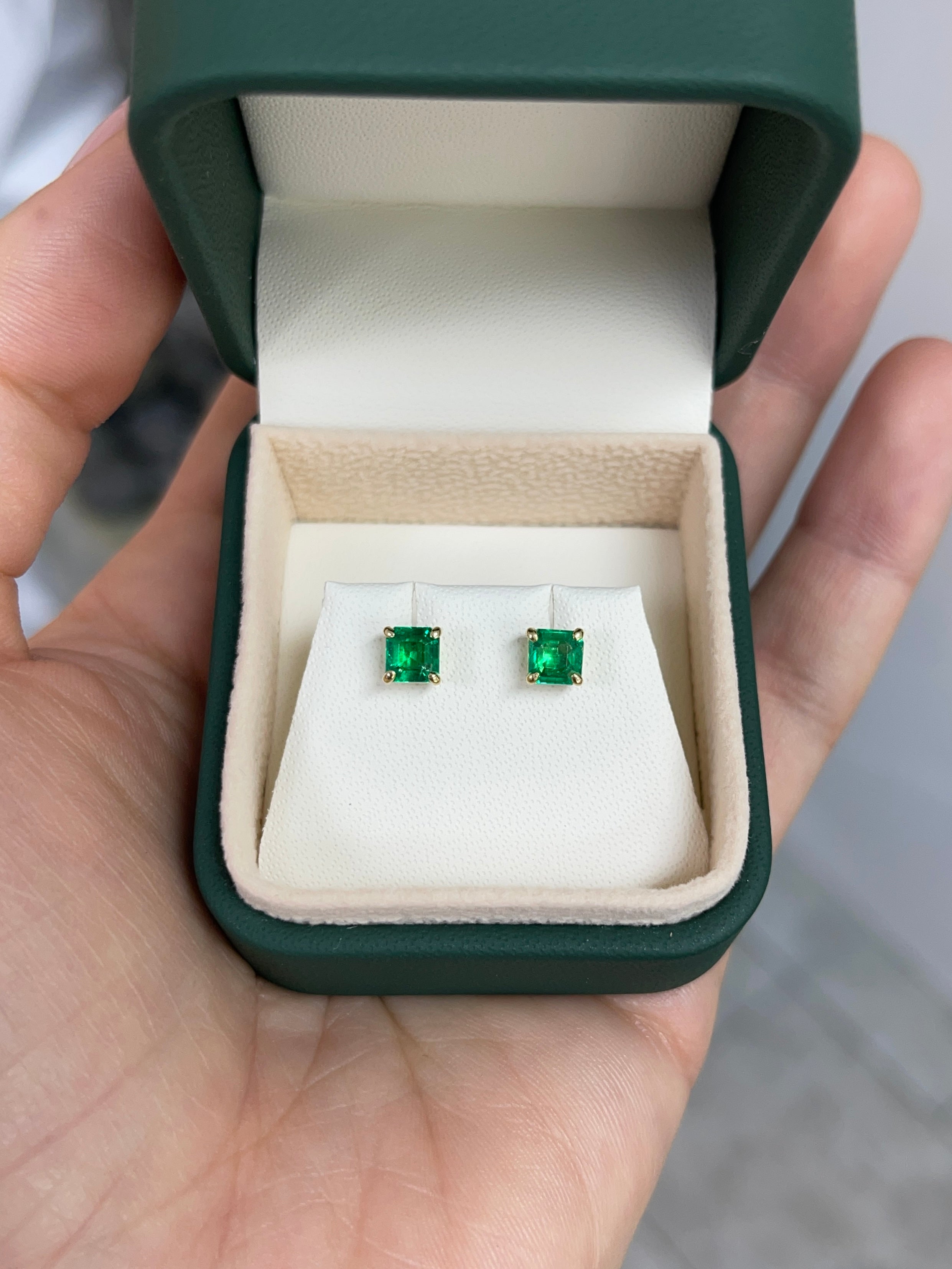 1.13tcw 5x5 AAA+ Muzo Green Asscher Cut Colombian Emerald Studs 18K