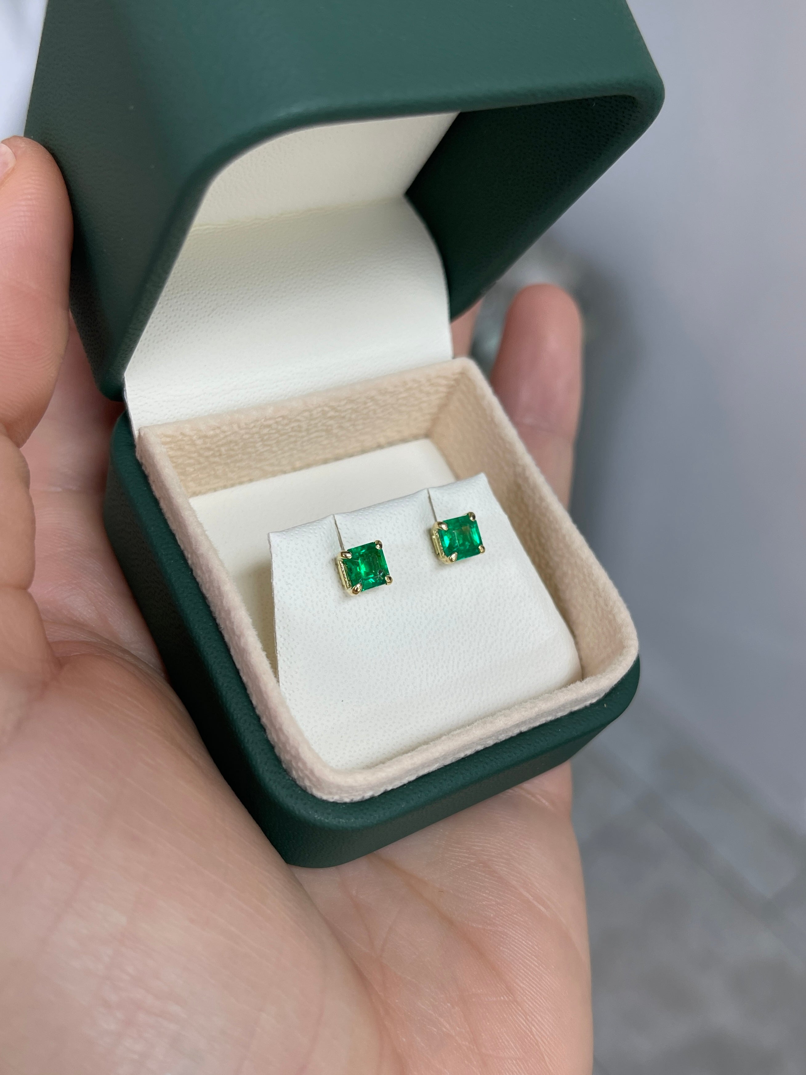 1.13tcw 5x5 AAA+ Muzo Green Asscher Cut Colombian Emerald Studs 18K