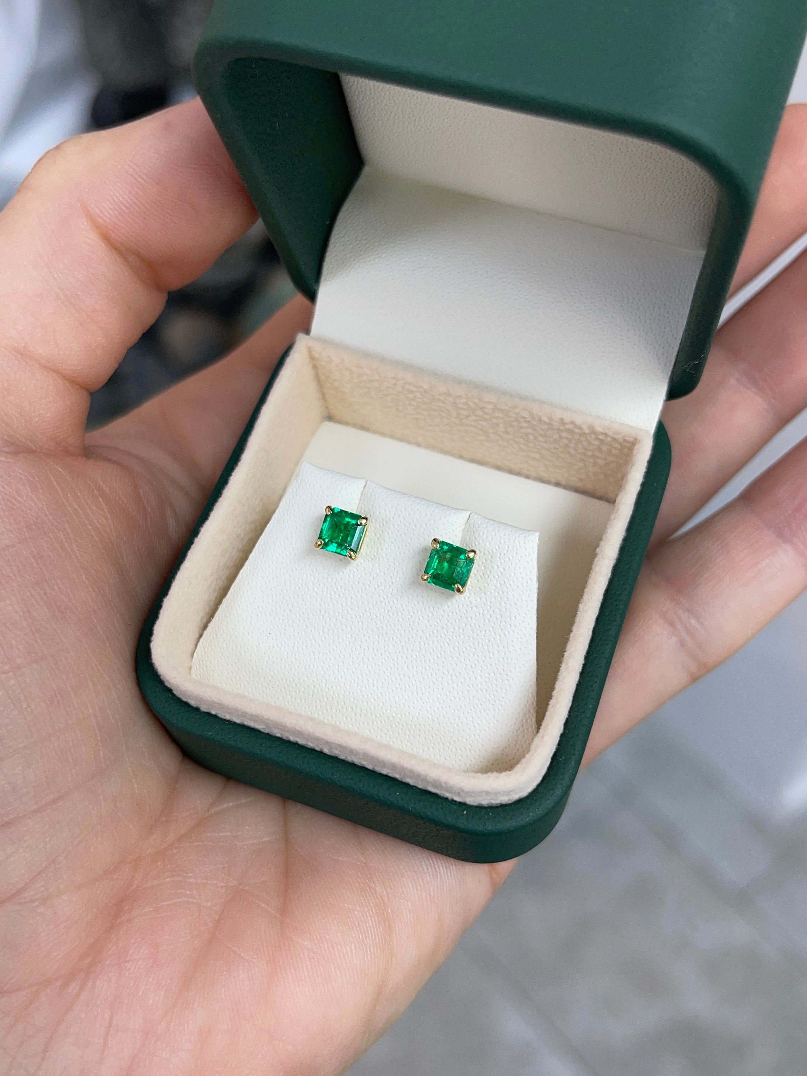 1.13tcw 5x5 AAA+ Muzo Green Asscher Cut Colombian Emerald Studs 18K
