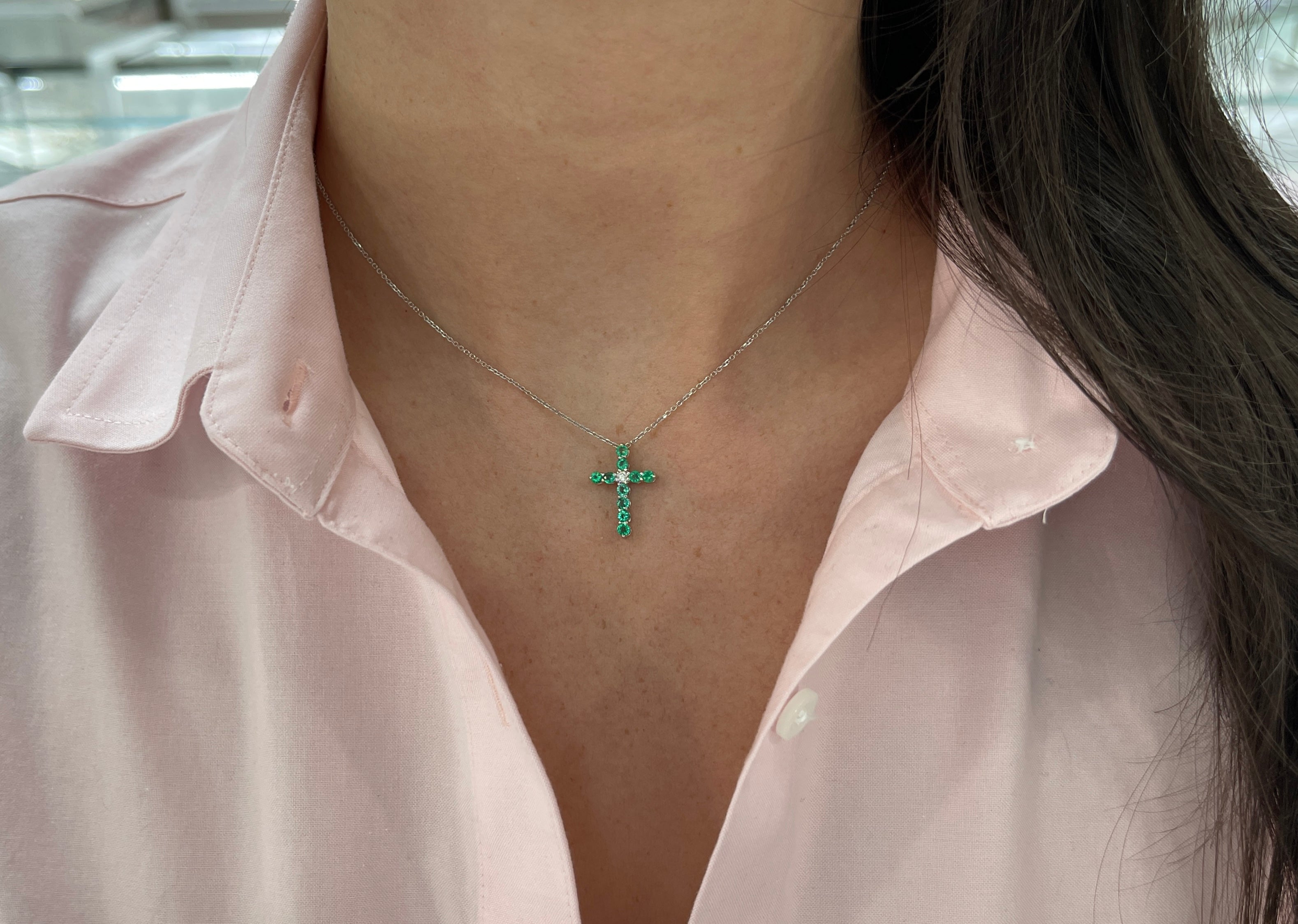 Petite Emerald & Diamond 14K White Gold Cross Necklace 16"