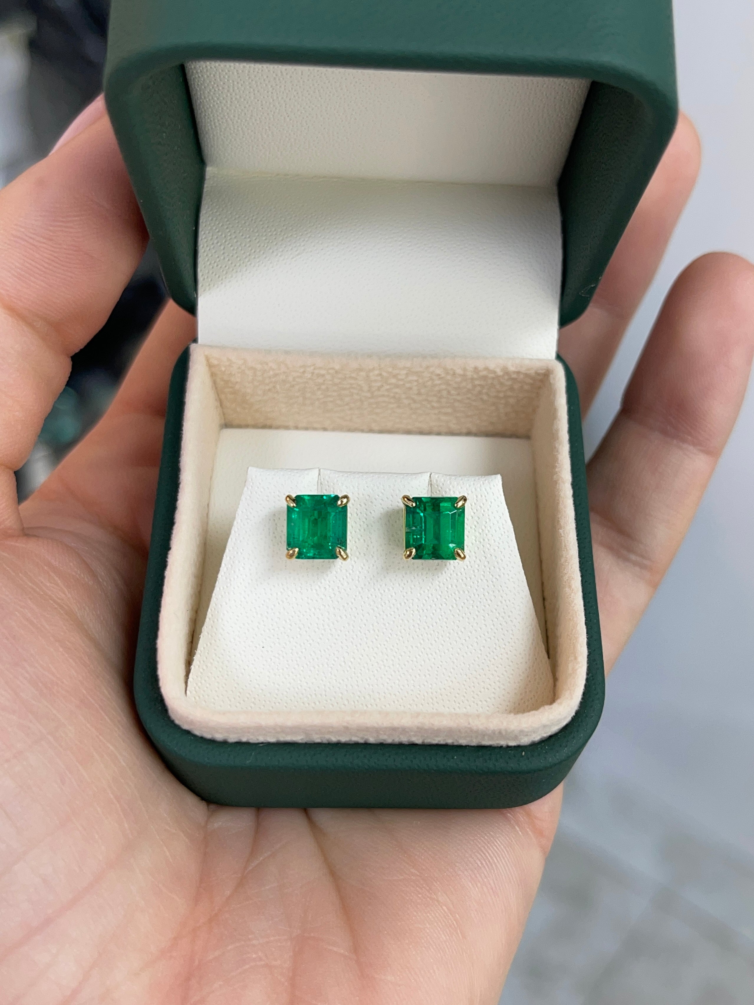 3.18tcw 7x7 AAA+ Muzo Green Asscher Cut Colombian Emerald Studs 18K - JR Colombian Emeralds