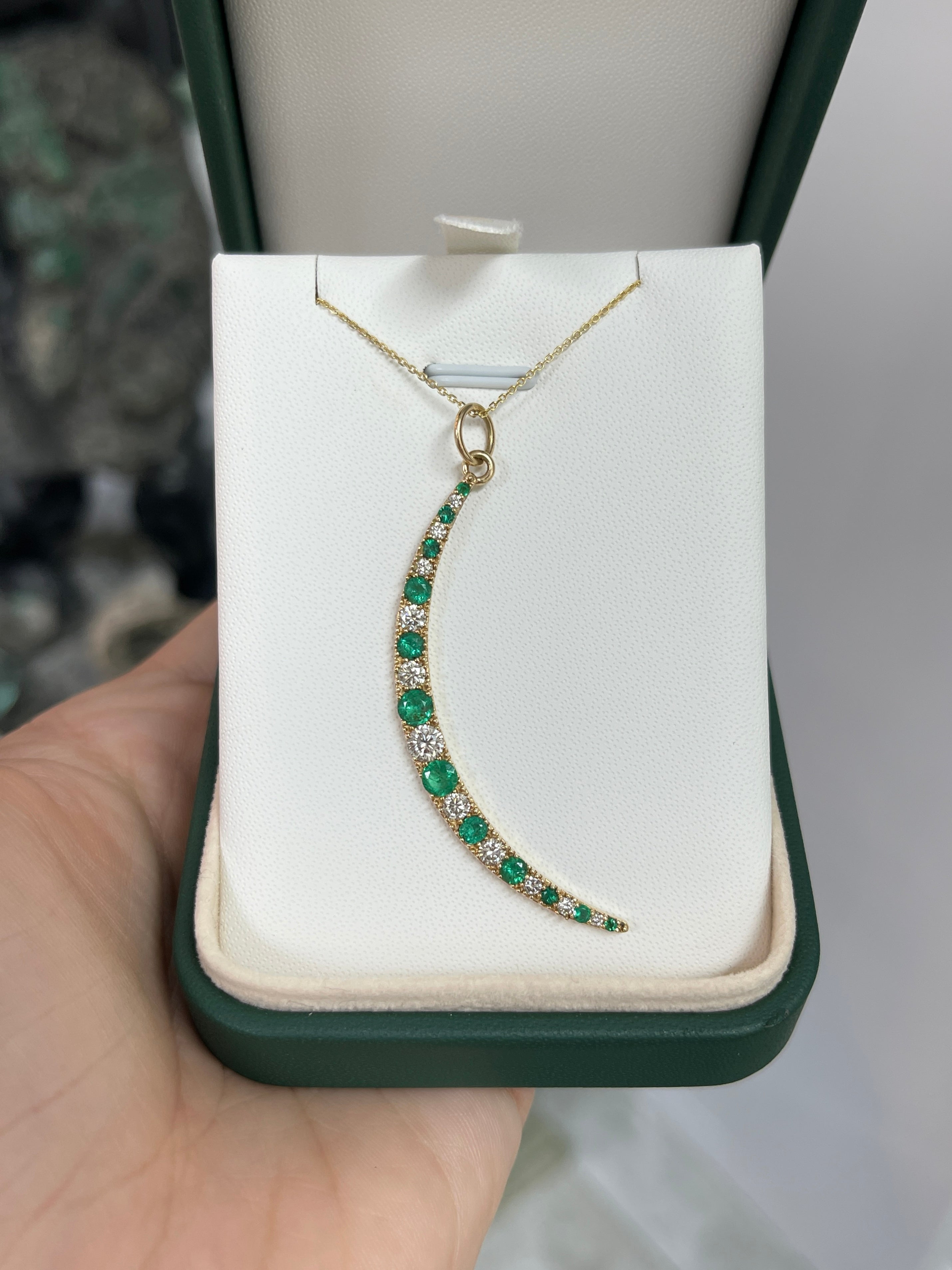 1.86tcw Emerald & Diamond Crescent Moon Pendant Charm 14K