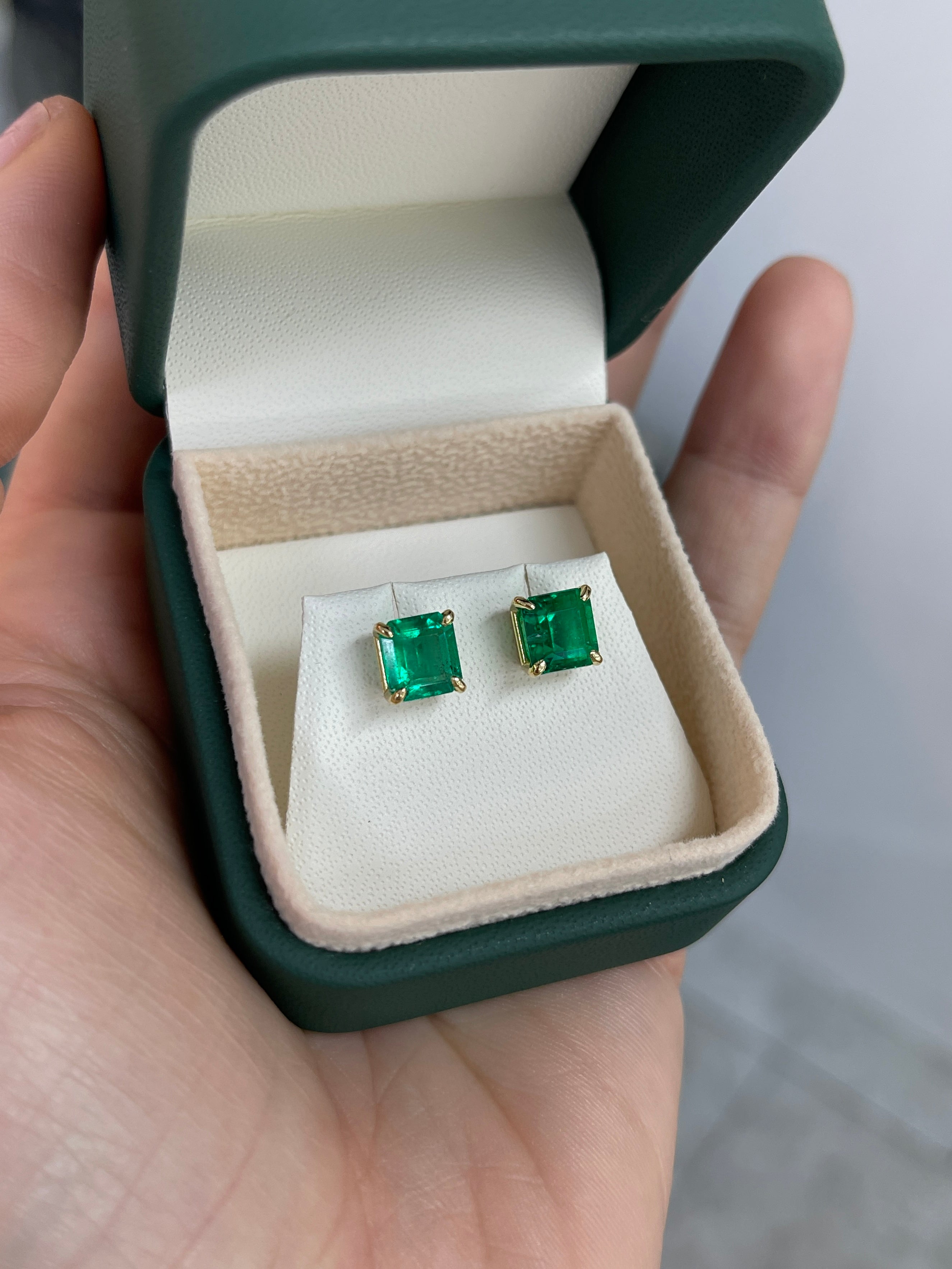 3.18tcw 7x7 AAA+ Muzo Green Asscher Cut Colombian Emerald Studs 18K - JR Colombian Emeralds