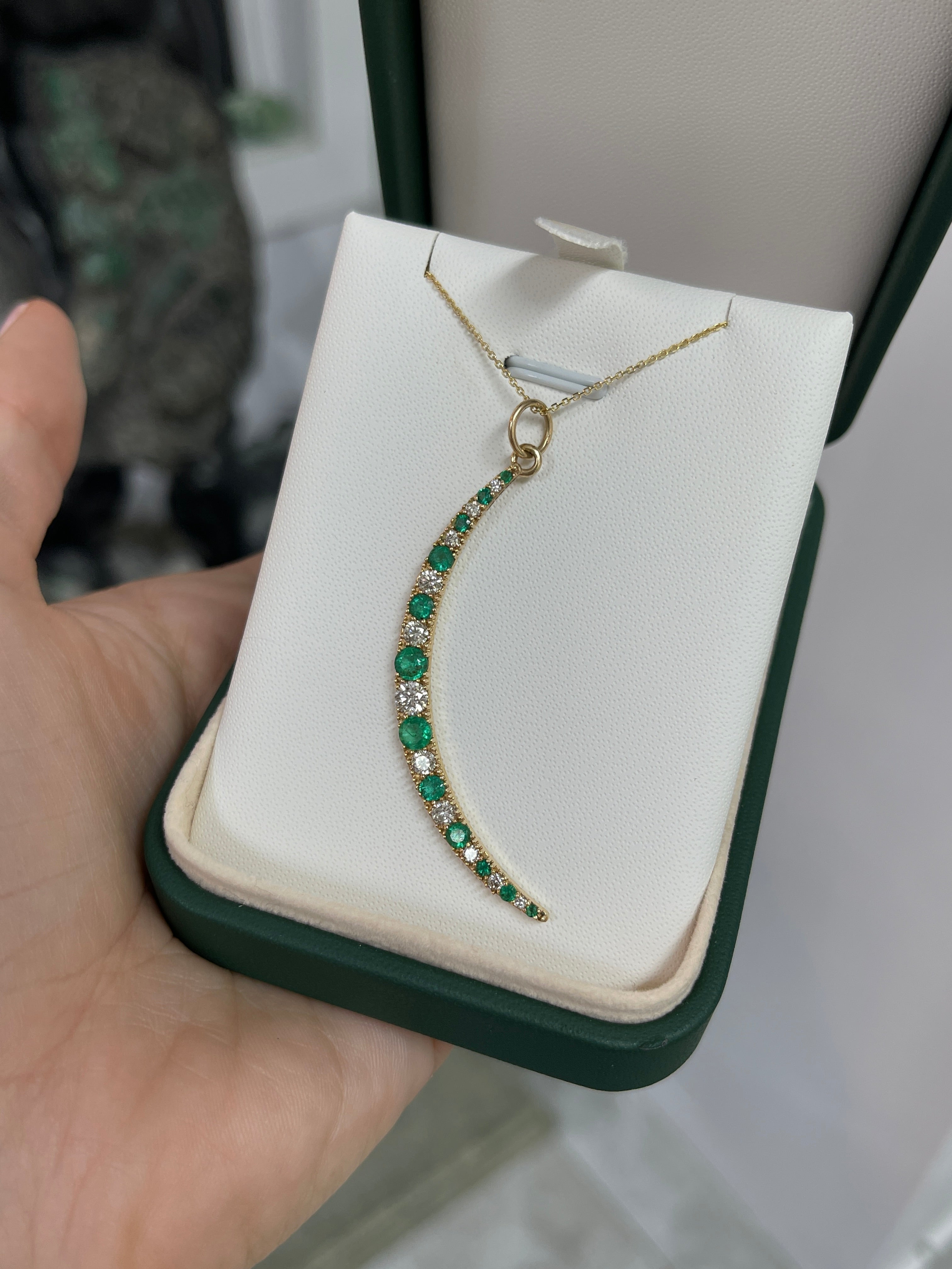 1.86tcw Emerald & Diamond Crescent Moon Pendant Charm 14K