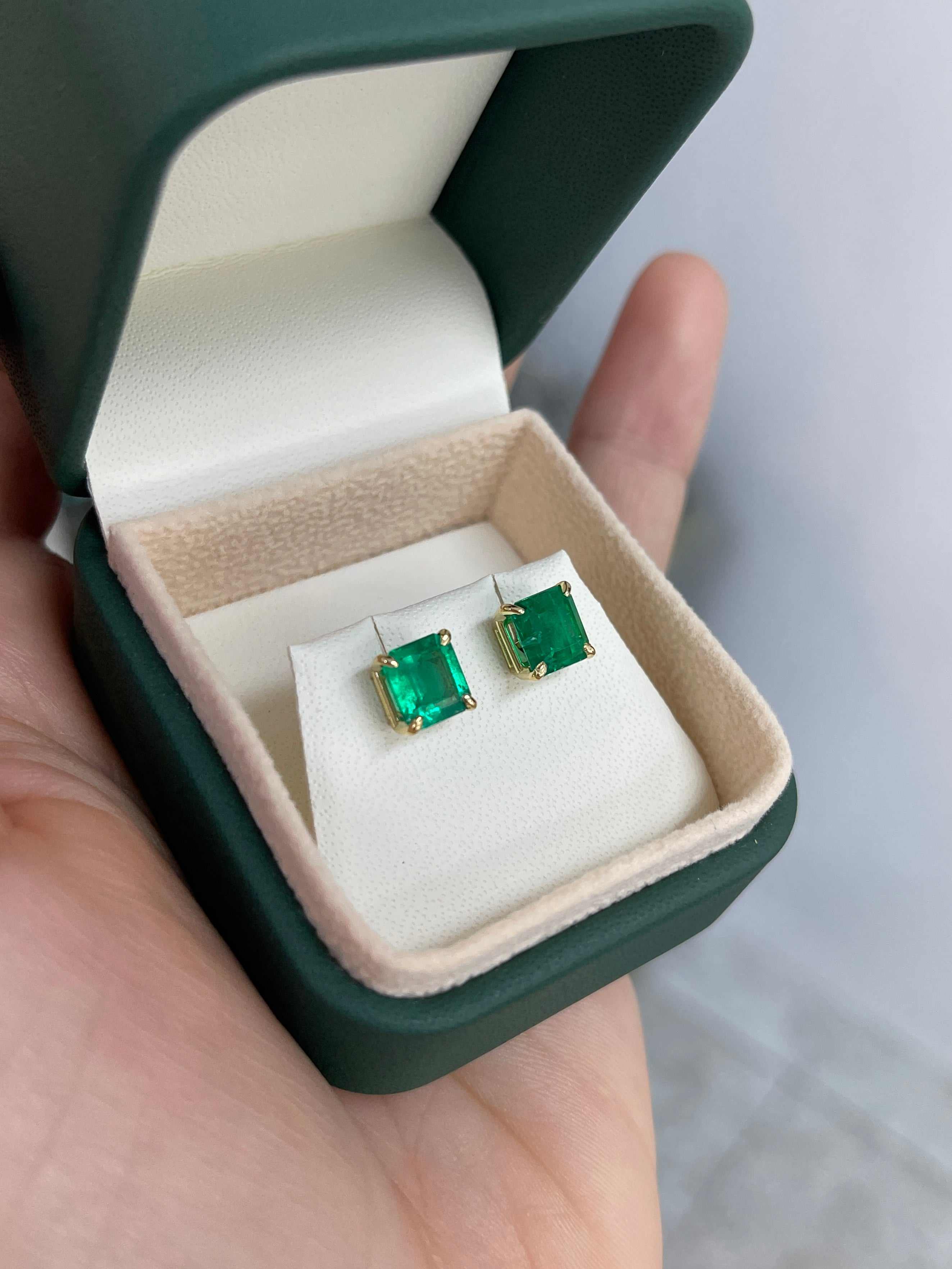 3.18tcw 7x7 AAA+ Muzo Green Asscher Cut Colombian Emerald Studs 18K - JR Colombian Emeralds