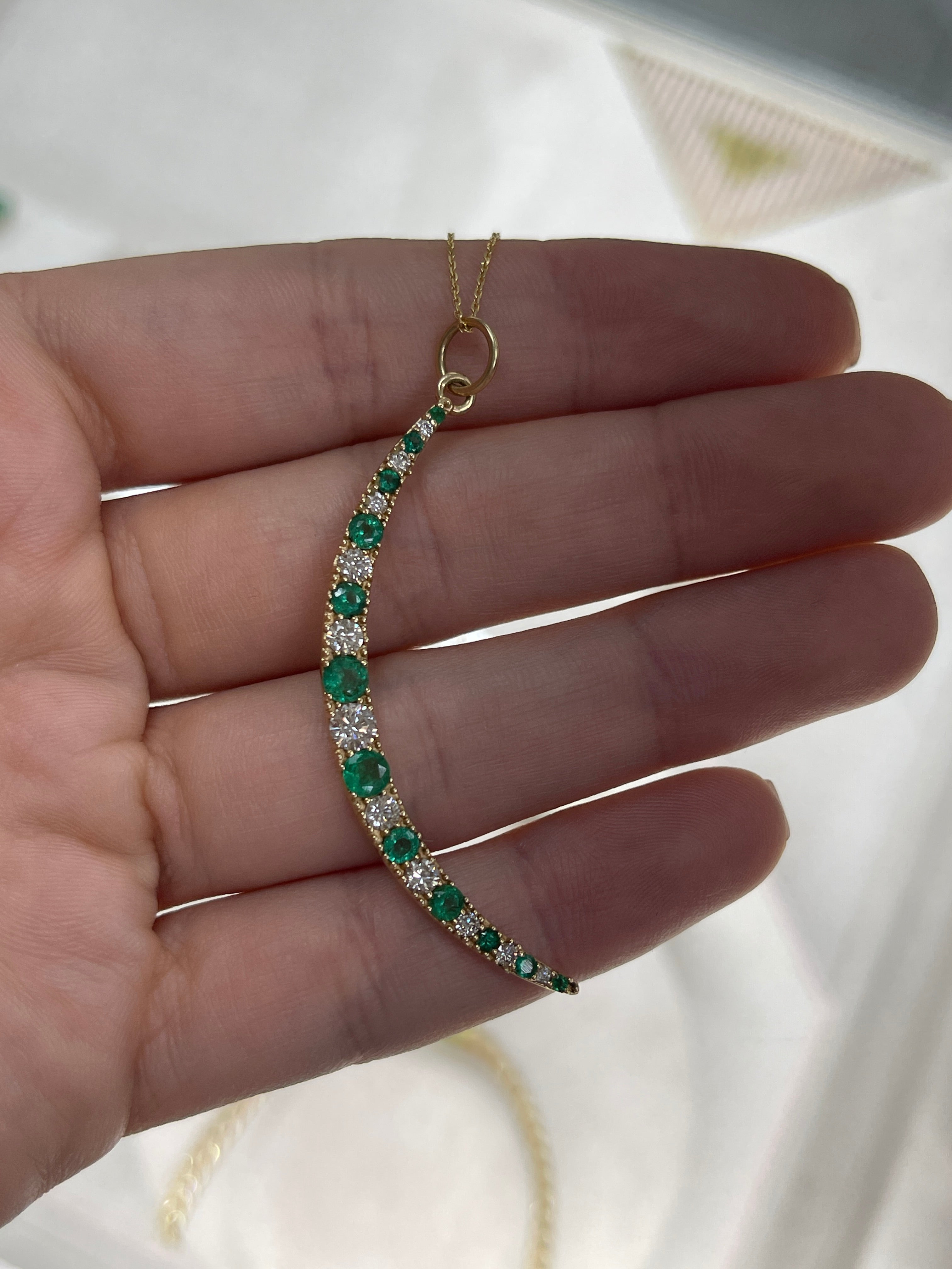 1.86tcw Emerald & Diamond Crescent Moon Pendant Charm 14K