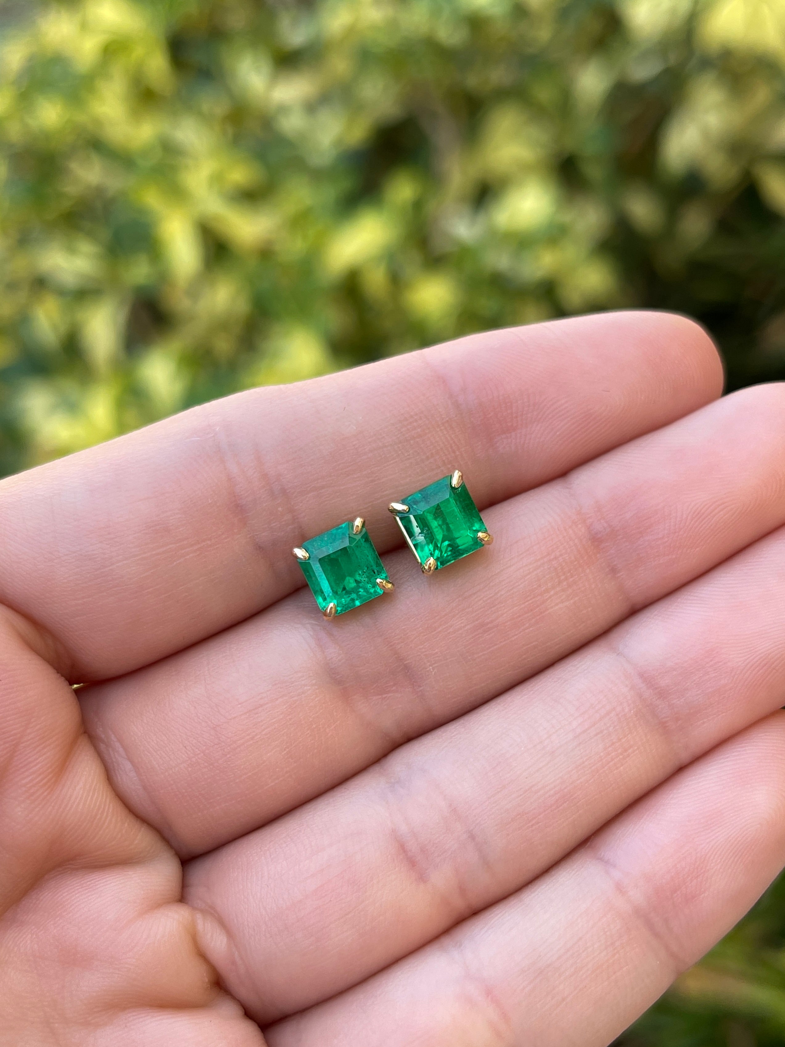 3.18tcw 7x7 AAA+ Muzo Green Asscher Cut Colombian Emerald Studs 18K - JR Colombian Emeralds
