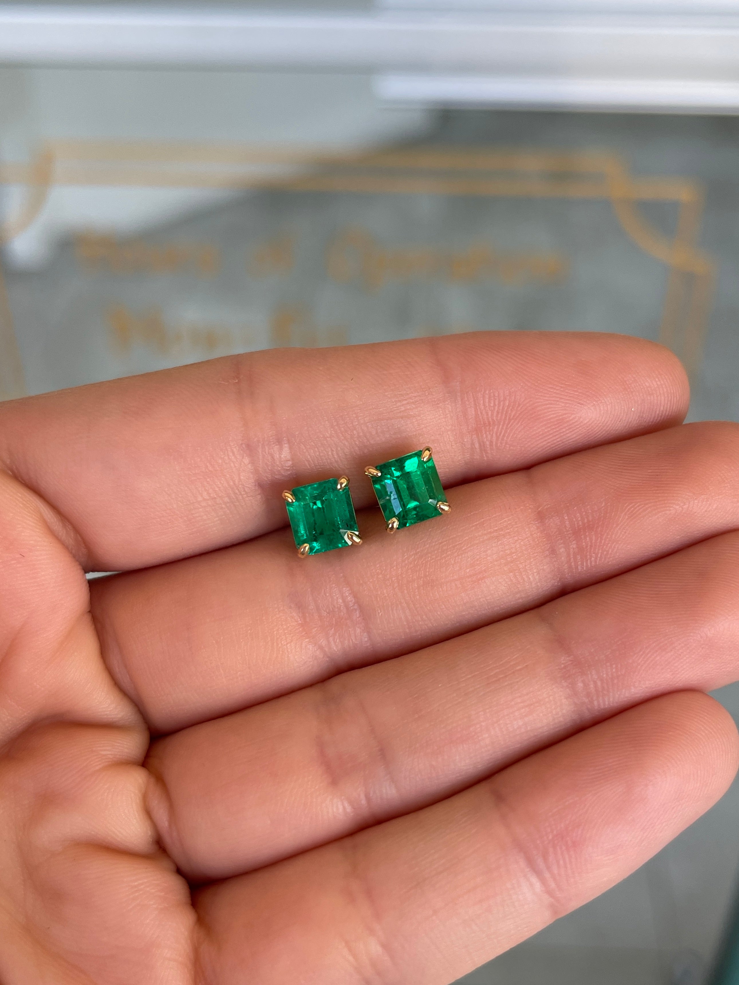 3.18tcw 7x7 AAA+ Muzo Green Asscher Cut Colombian Emerald Studs 18K - JR Colombian Emeralds