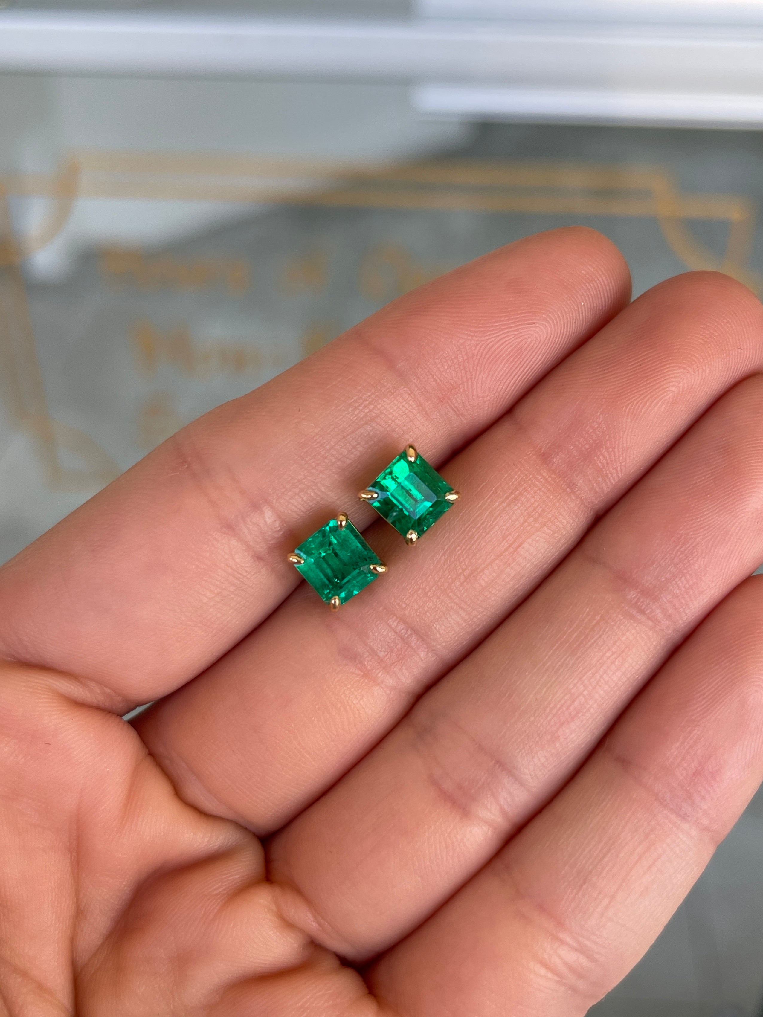 3.18tcw 7x7 AAA+ Muzo Green Asscher Cut Colombian Emerald Studs 18K - JR Colombian Emeralds