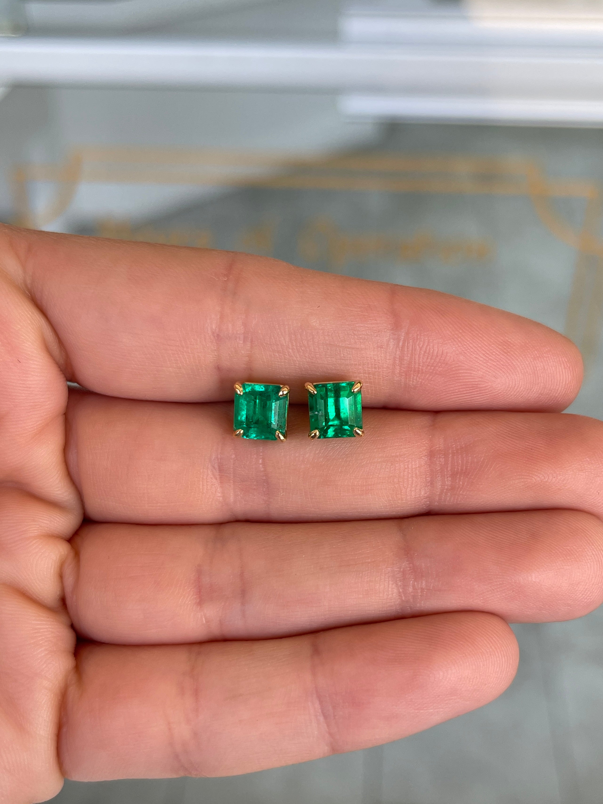3.18tcw 7x7 AAA+ Muzo Green Asscher Cut Colombian Emerald Studs 18K - JR Colombian Emeralds