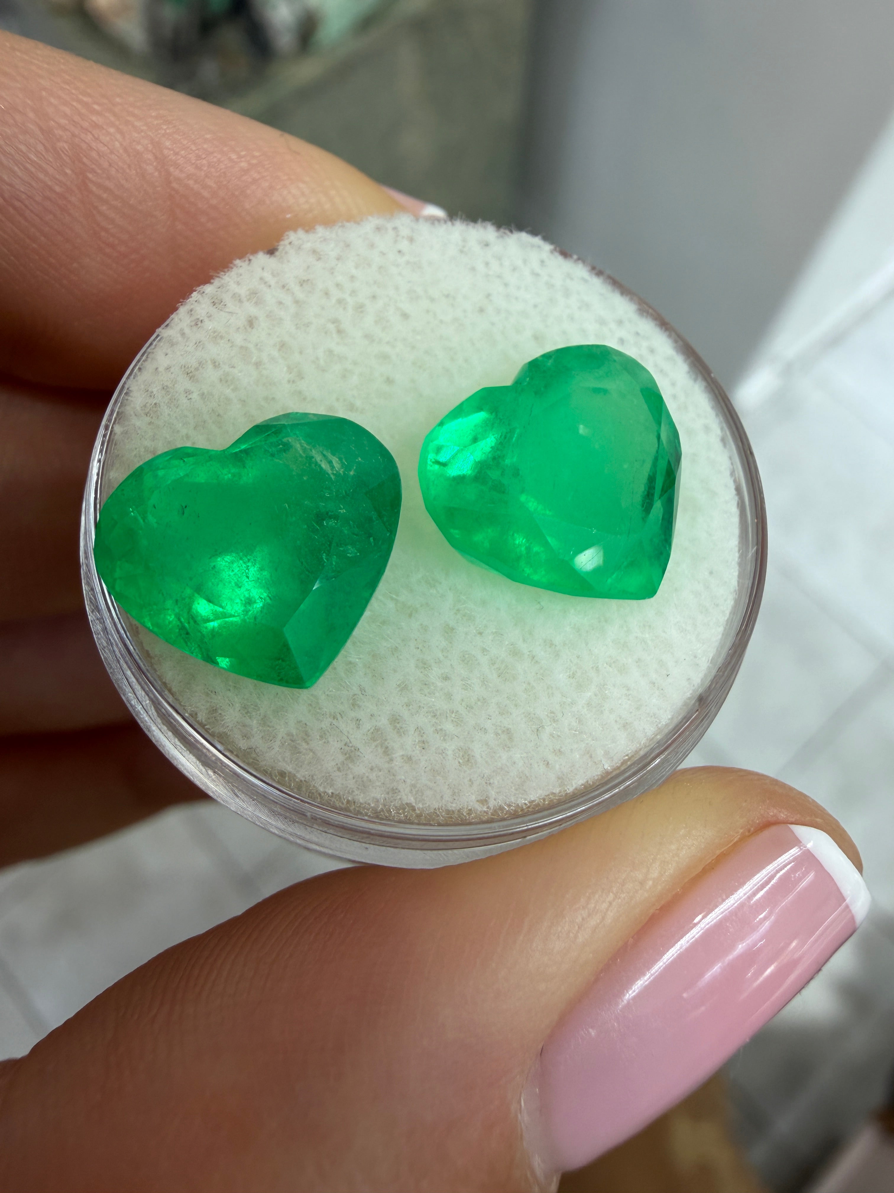 9.66tcw 19.6x11.8 Matching Emerald Hearts Yellowish Green Natural Colombian Emeralds