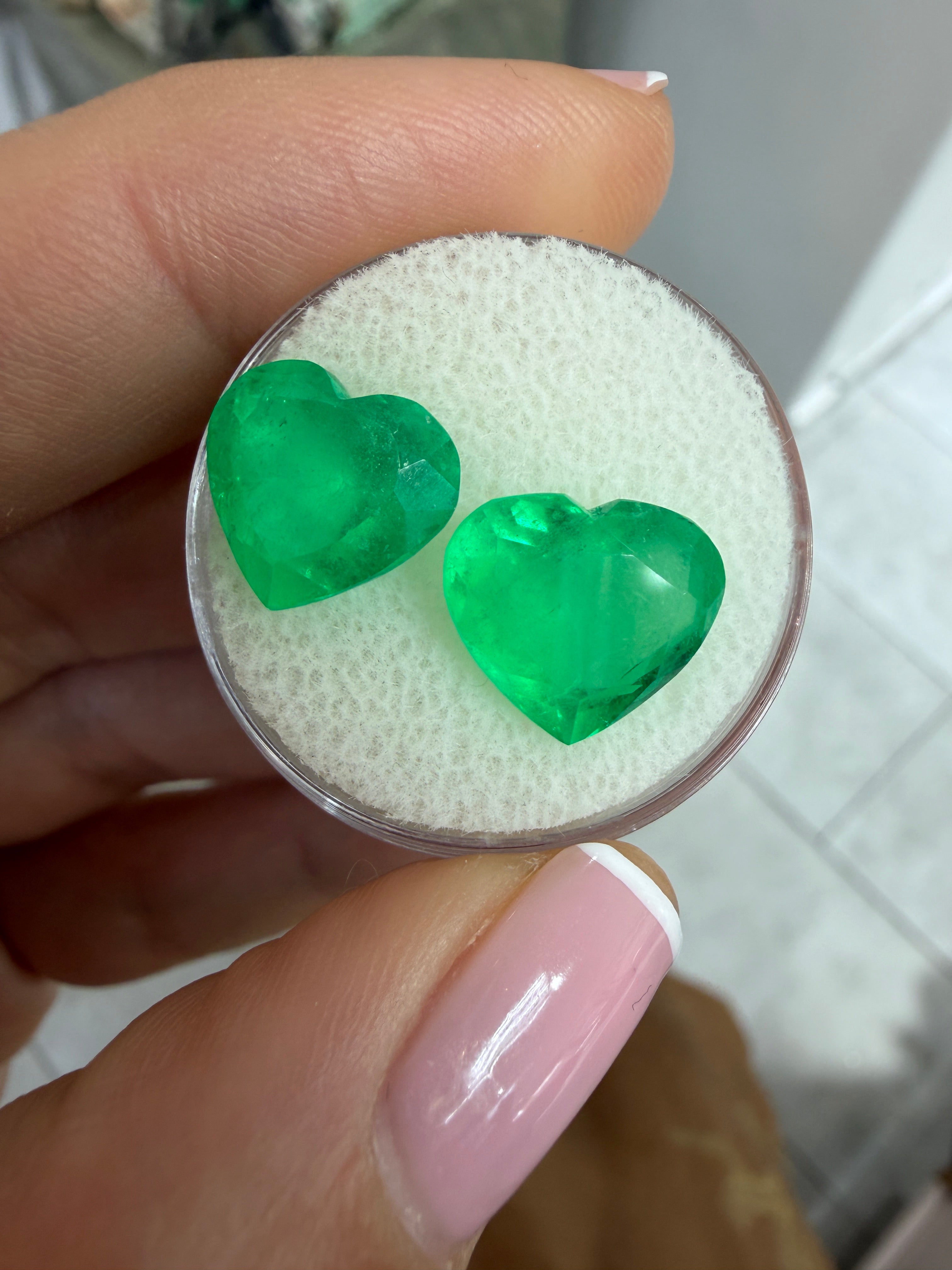 9.66tcw 19.6x11.8 Matching Emerald Hearts Yellowish Green Natural Colombian Emeralds