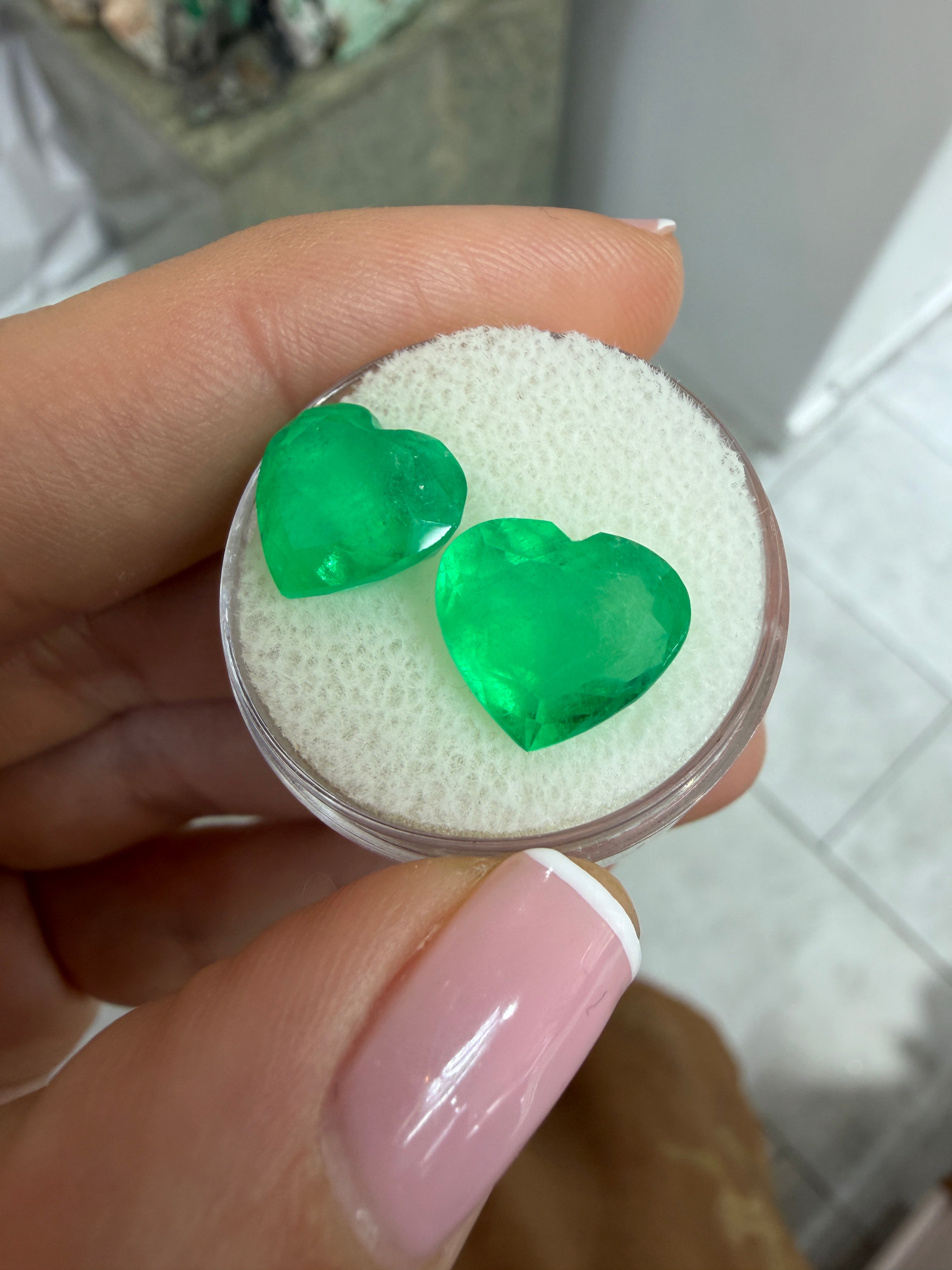 9.66tcw 19.6x11.8 Matching Emerald Hearts Yellowish Green Natural Colombian Emeralds