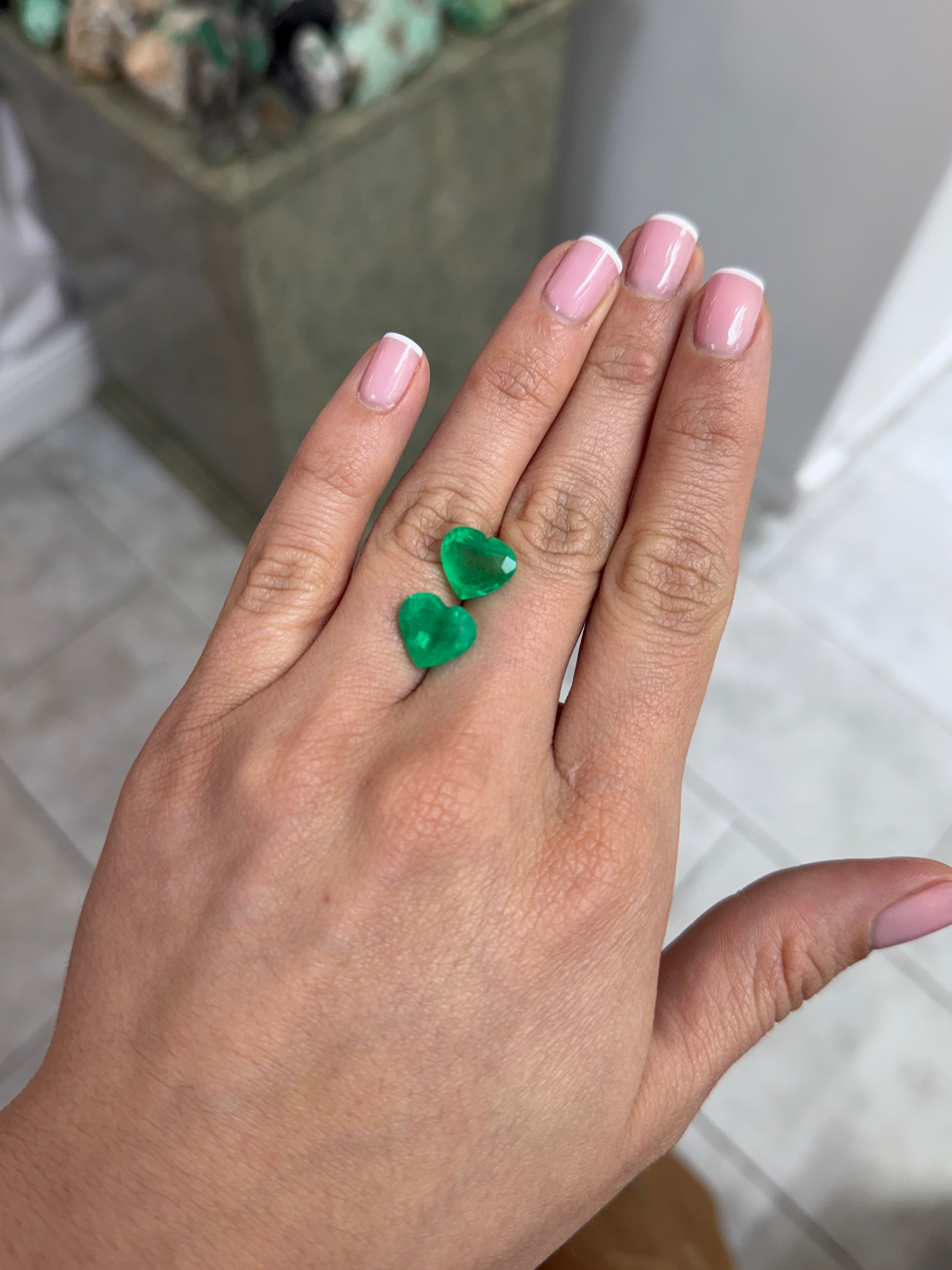 9.66tcw 19.6x11.8 Matching Emerald Hearts Yellowish Green Natural Colombian Emeralds