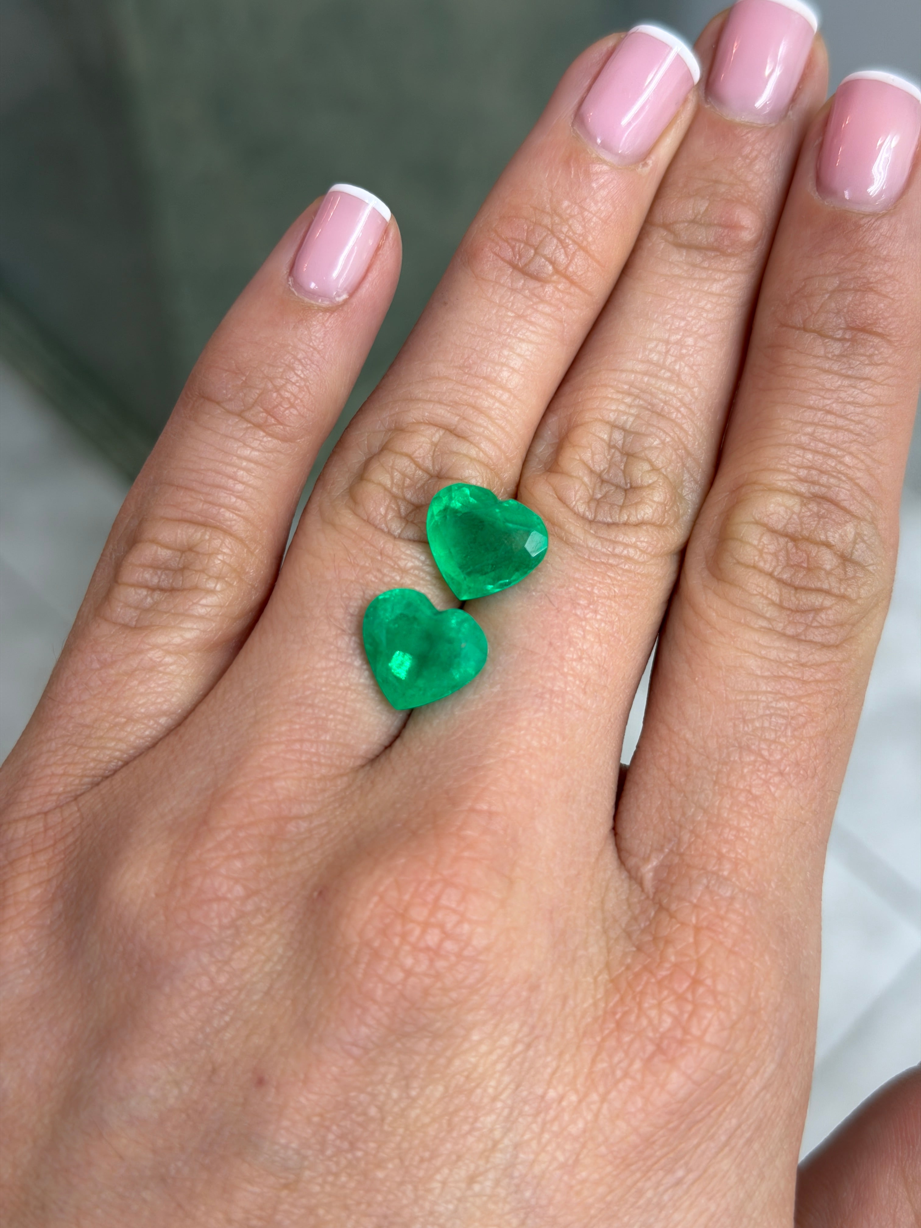 9.66tcw 19.6x11.8 Matching Emerald Hearts Yellowish Green Natural Colombian Emeralds