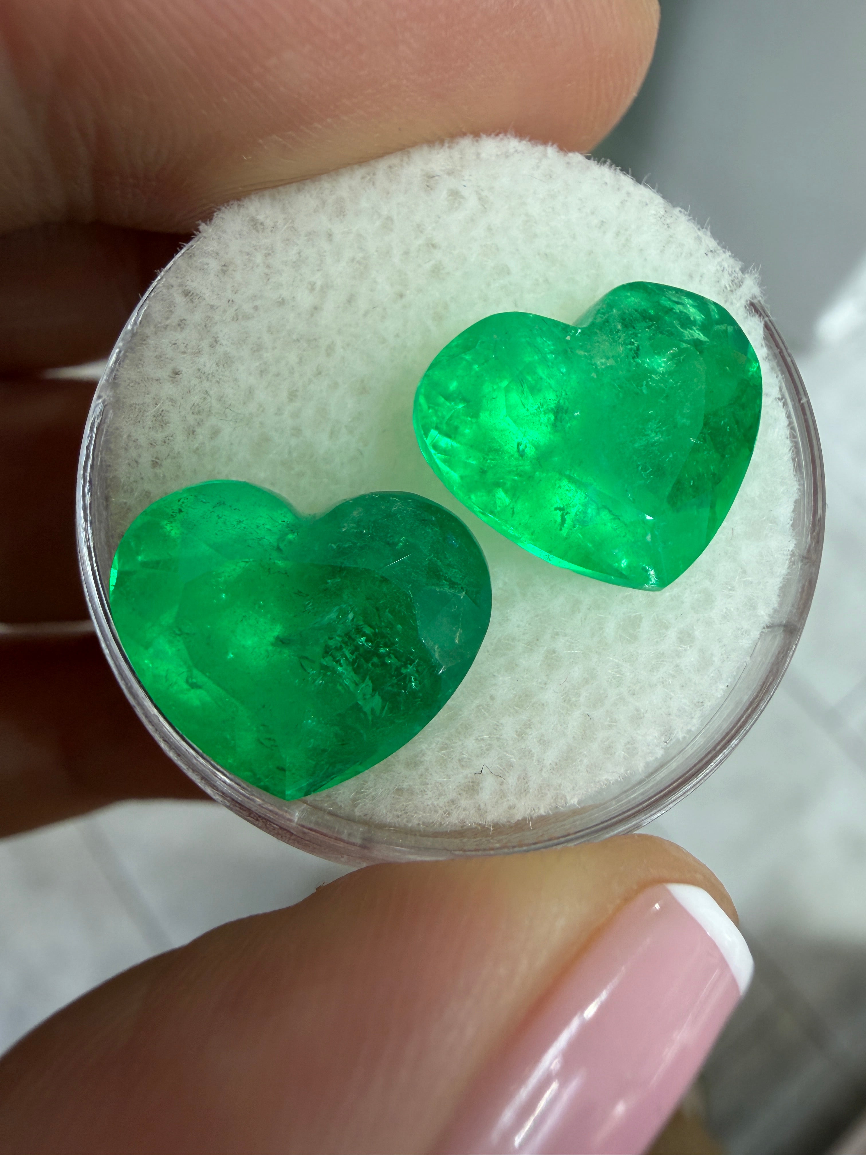 11.70tcw 11x13 Matching Emerald Hearts Yellowish Green Natural Colombian Emeralds