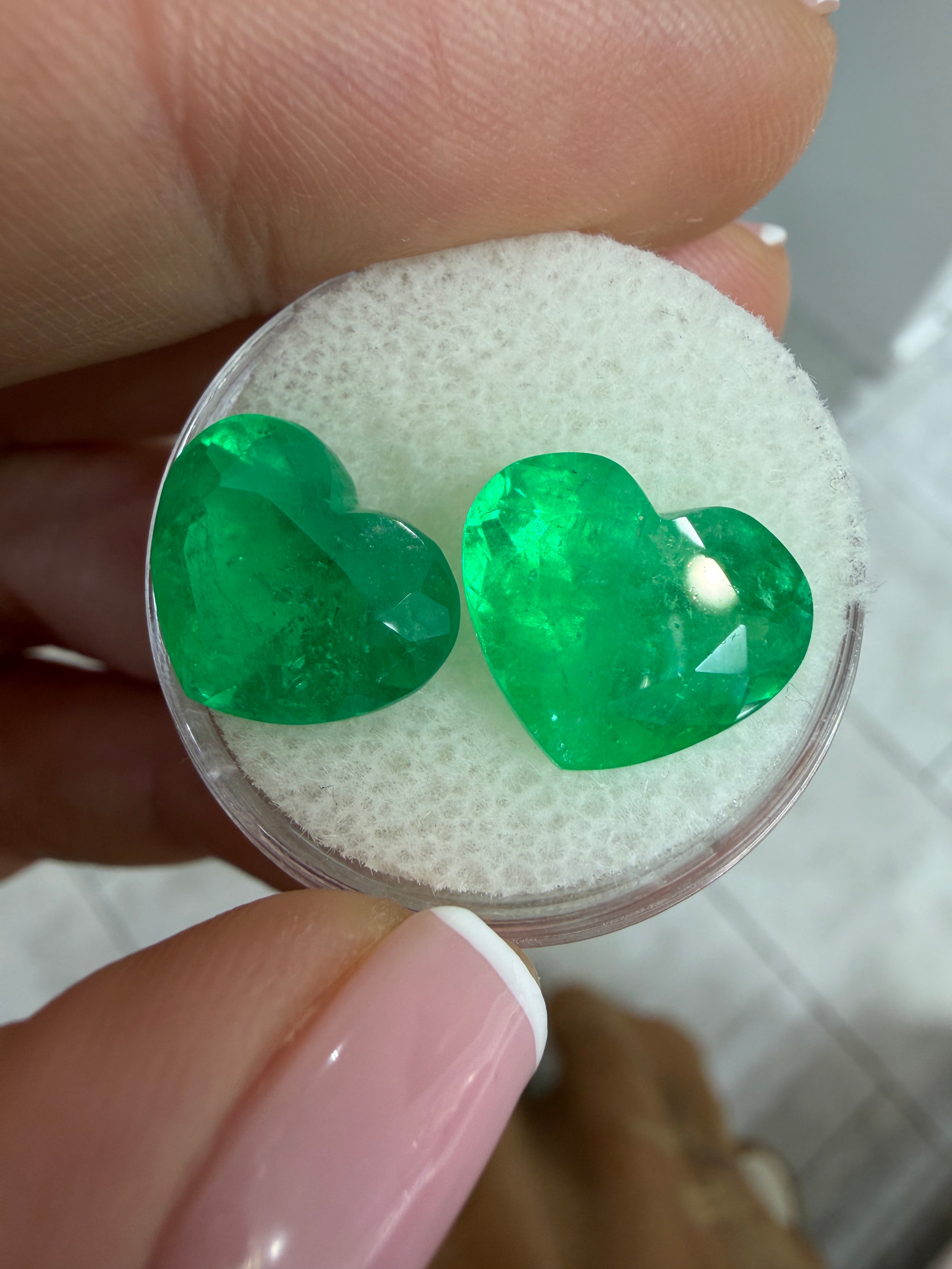 11.70tcw 11x13 Matching Emerald Hearts Yellowish Green Natural Colombian Emeralds