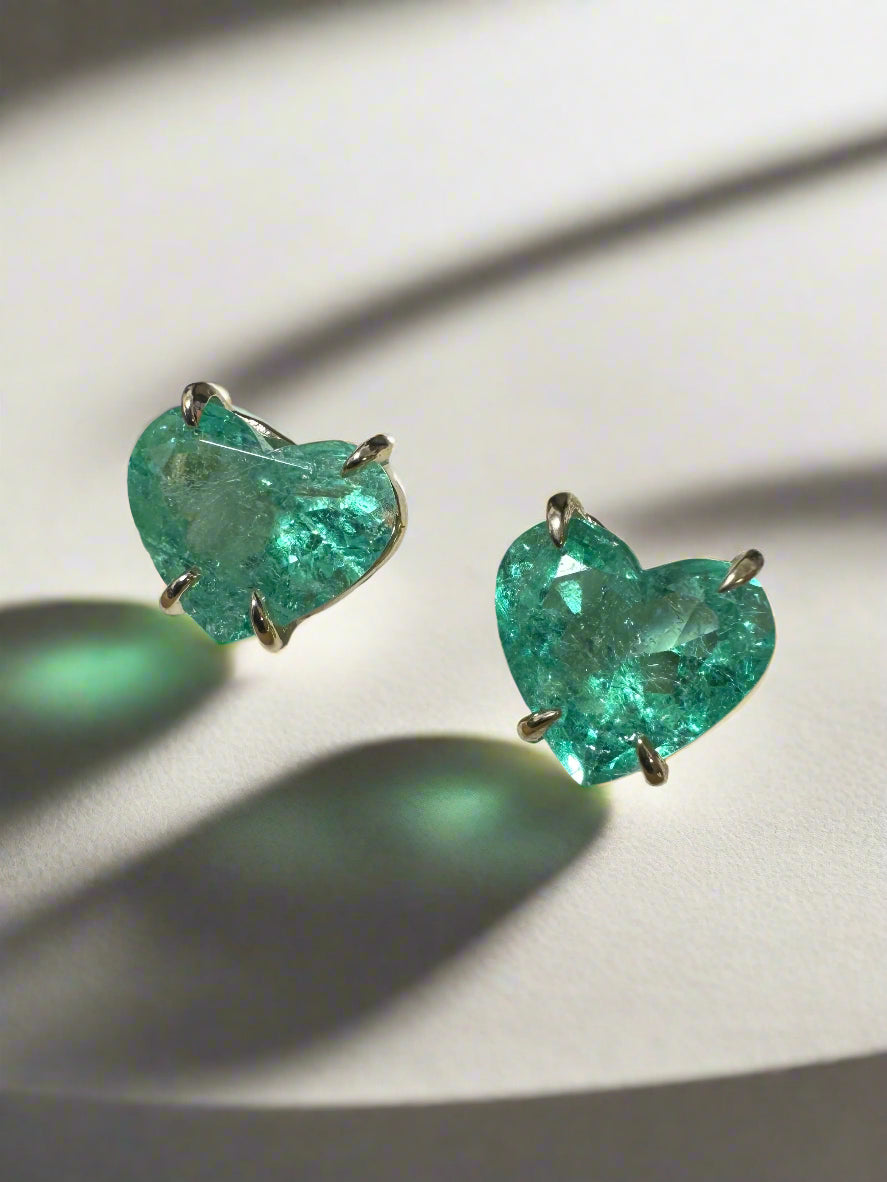 3.24tcw Matching Pair Green Natural Colombian Emerald Hearts Stud Earrings 14K - JR Colombian Emeralds