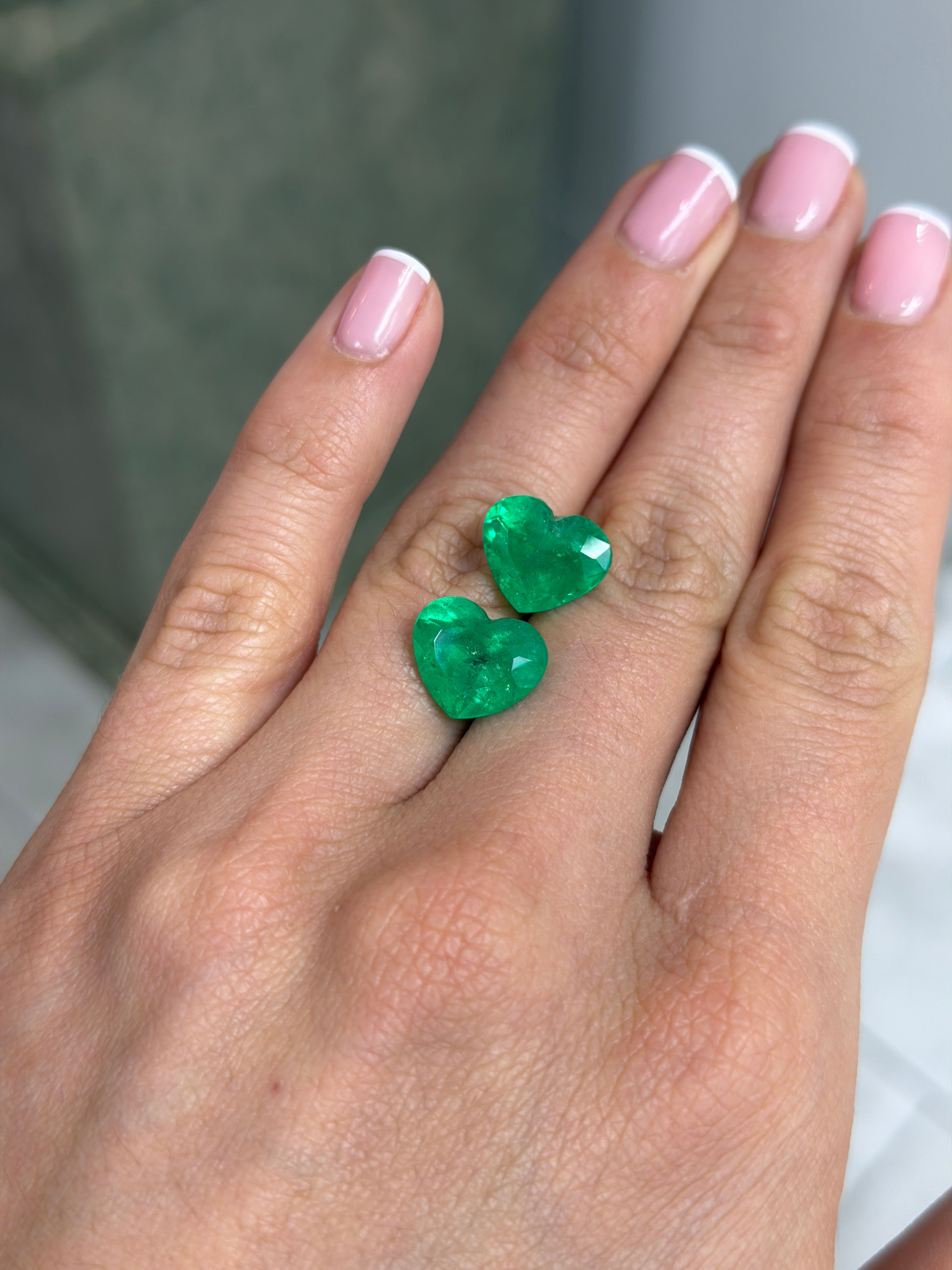 11.70tcw 11x13 Matching Emerald Hearts Yellowish Green Natural Colombian Emeralds