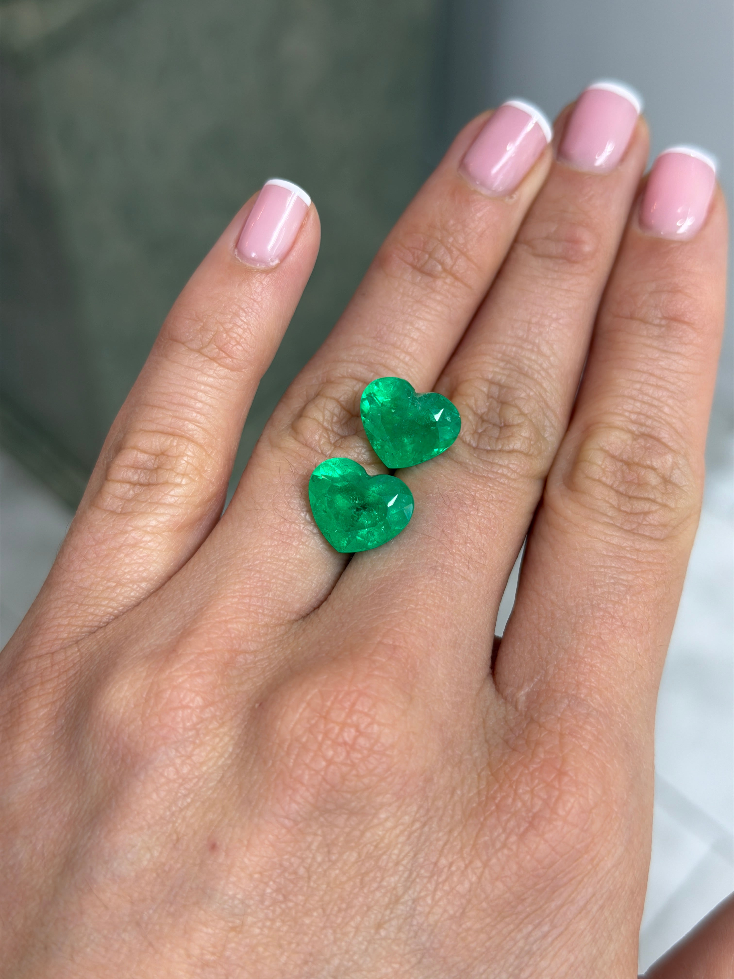 11.70tcw 11x13 Matching Emerald Hearts Yellowish Green Natural Colombian Emeralds