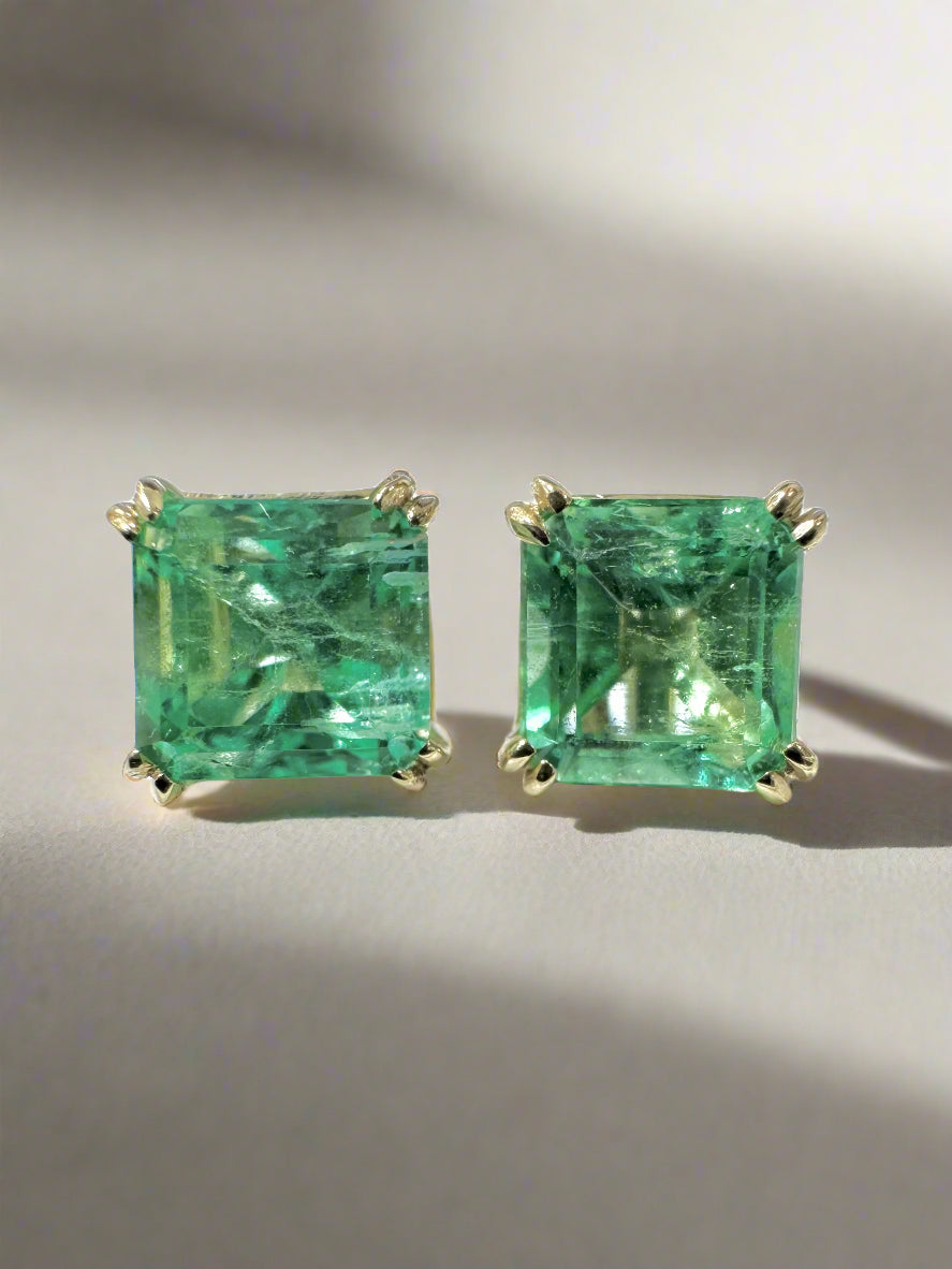 1.48tcw 14K 5x5 Light Green Colombian Emerald Asscher Cut Double Claw Stud Earring - JR Colombian Emeralds