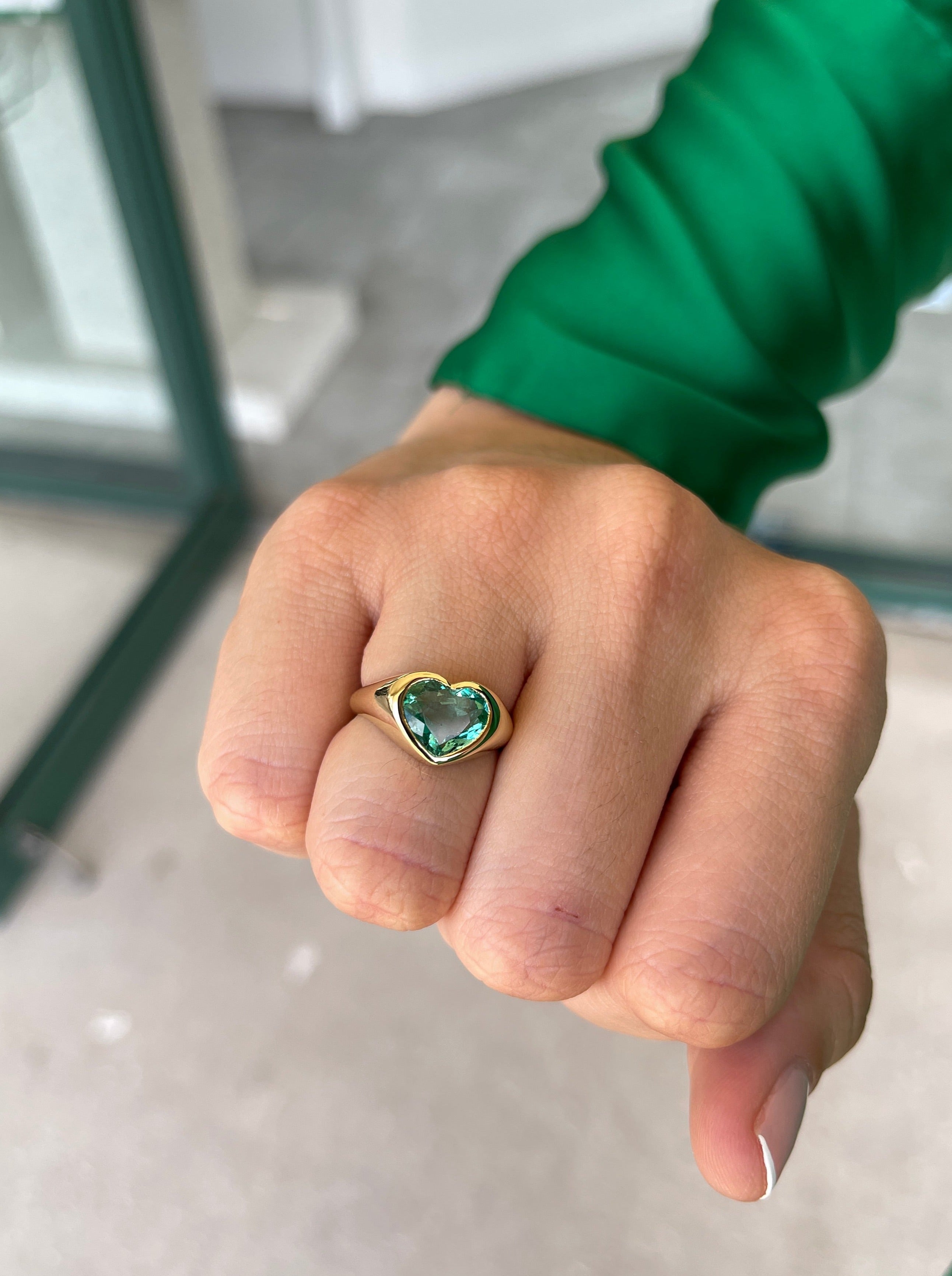 2.19 Carat Freckled Bluish Green Colombian Emerald Heart Signet Ring 18K Gold - JR Colombian Emeralds