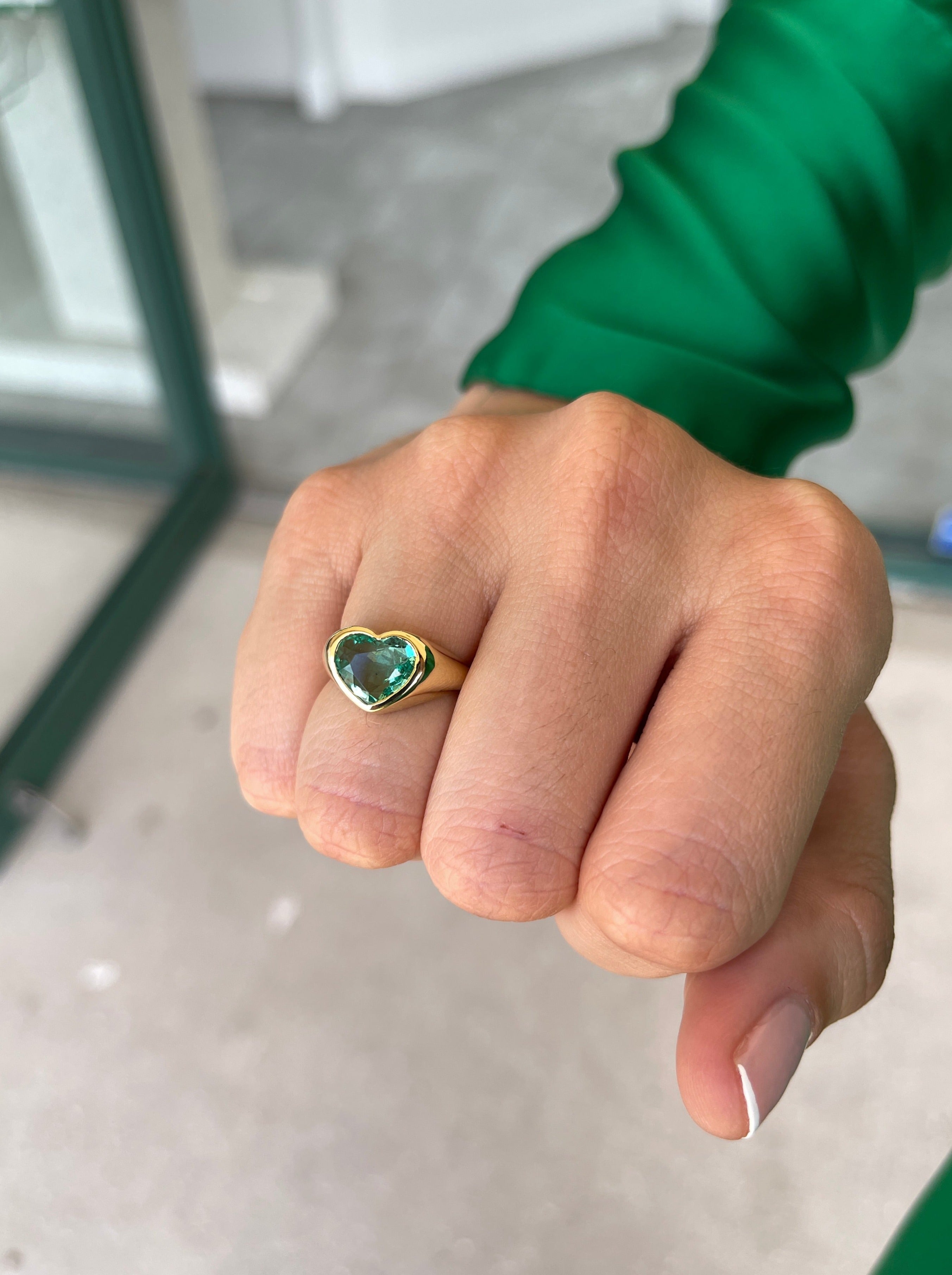 2.19 Carat Freckled Bluish Green Colombian Emerald Heart Signet Ring 18K Gold - JR Colombian Emeralds