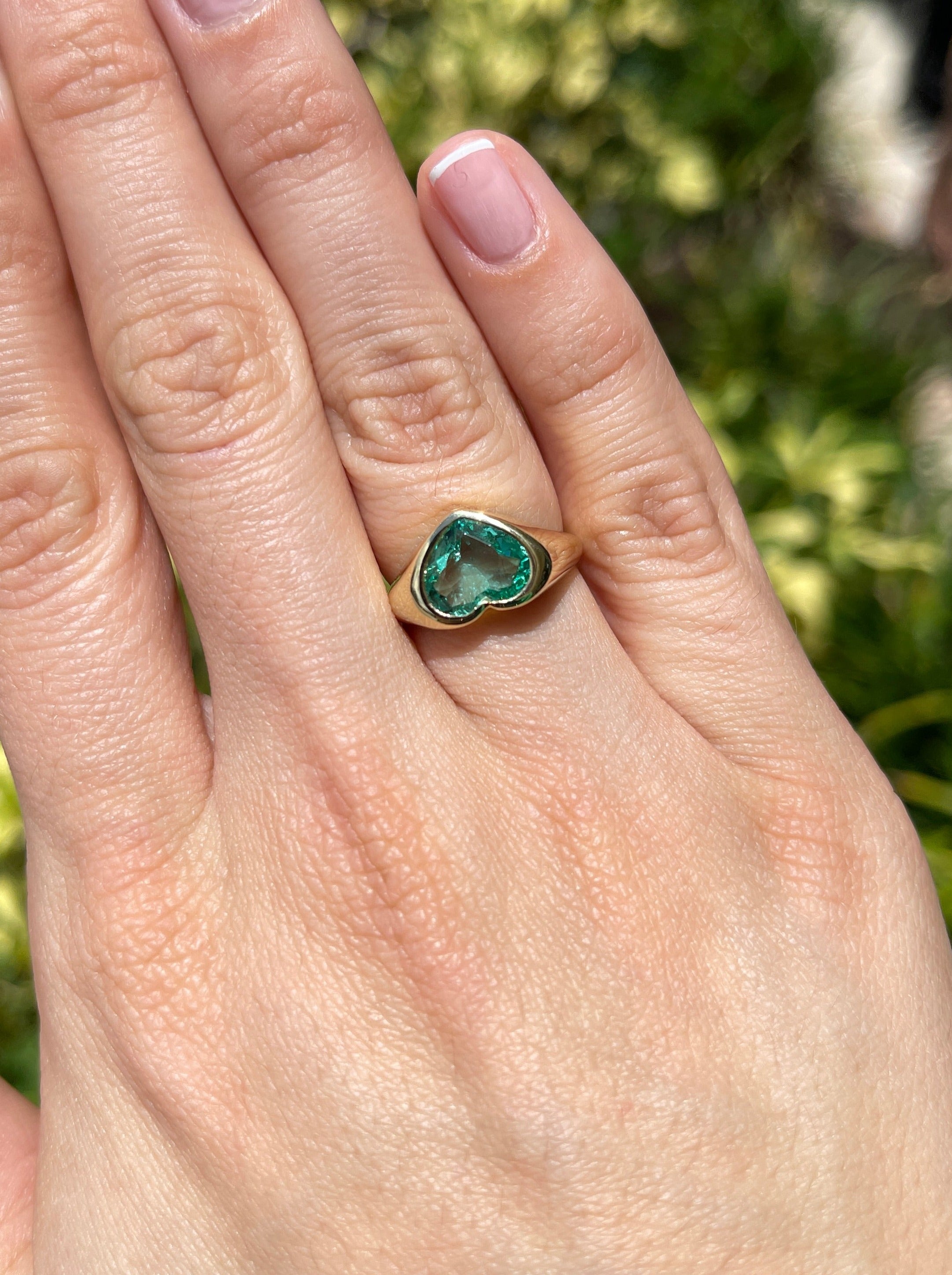 2.19 Carat Freckled Bluish Green Colombian Emerald Heart Signet Ring 18K Gold - JR Colombian Emeralds