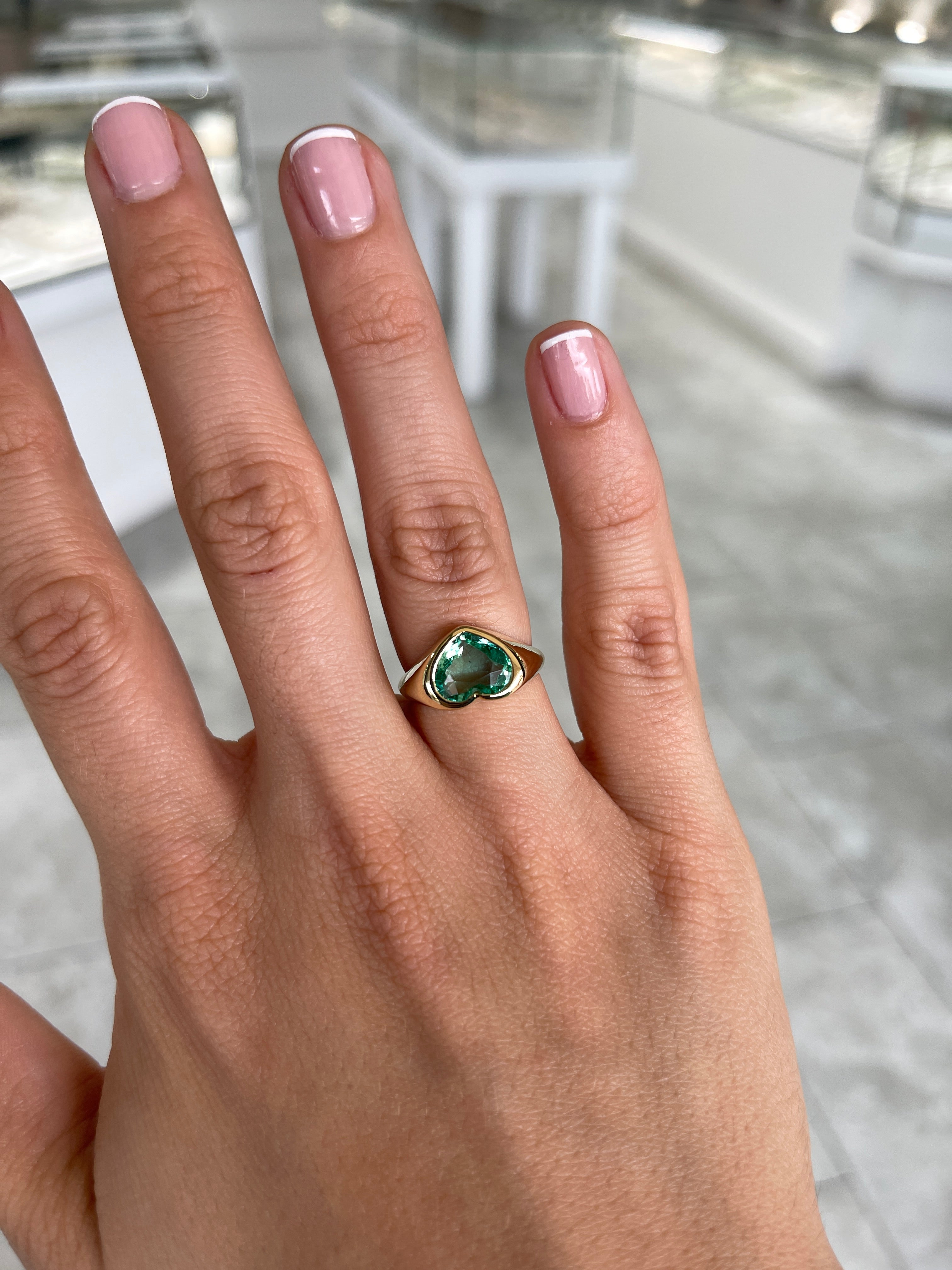 2.19 Carat Freckled Bluish Green Colombian Emerald Heart Signet Ring 18K Gold - JR Colombian Emeralds